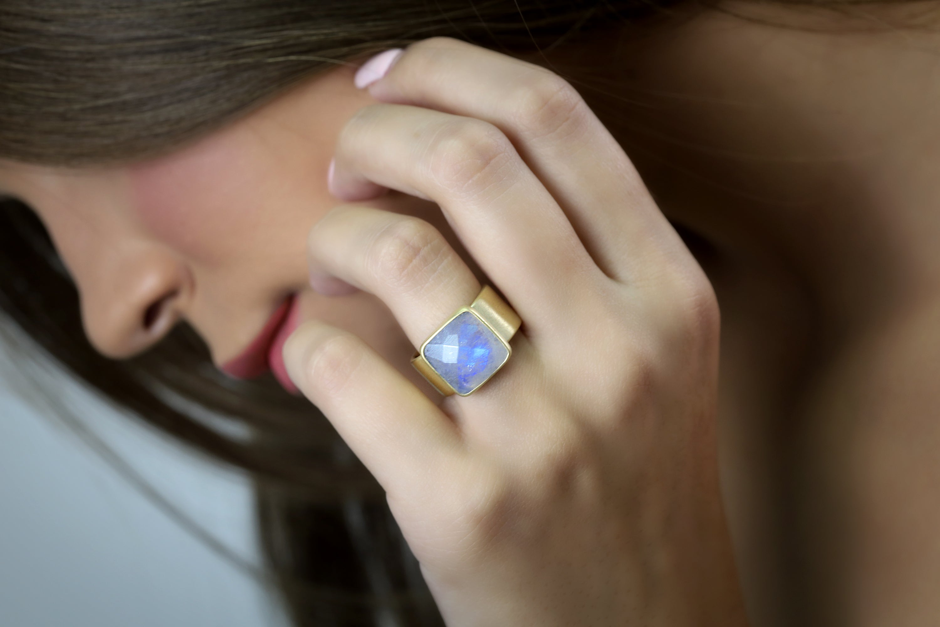 Square Cut Moonstone Thick Wide Band Gold Ring Rings Anemone Limited