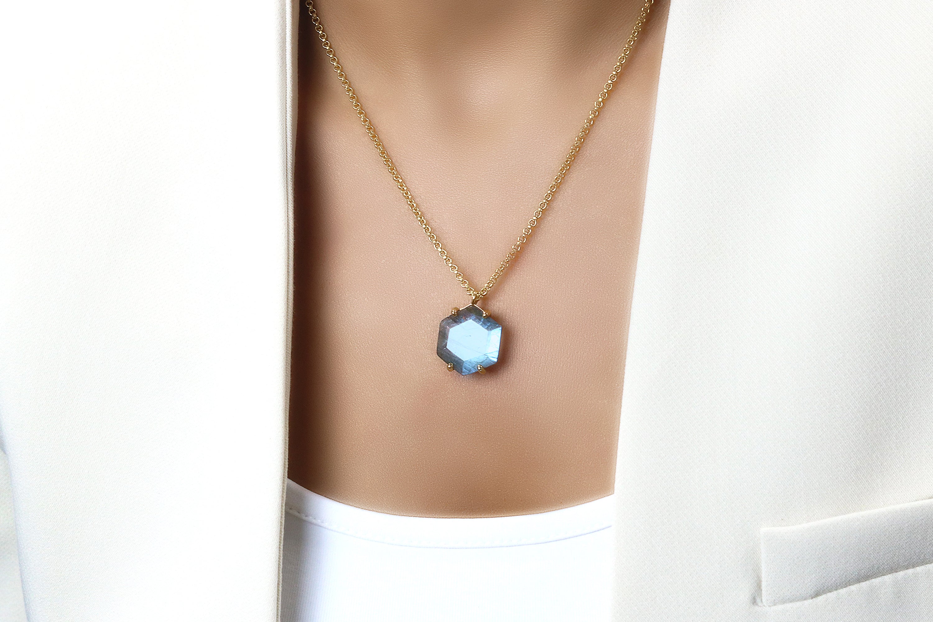 Hexagon Custom Labradorite Pendant Gold Necklace necklaces Anemone Jewelry