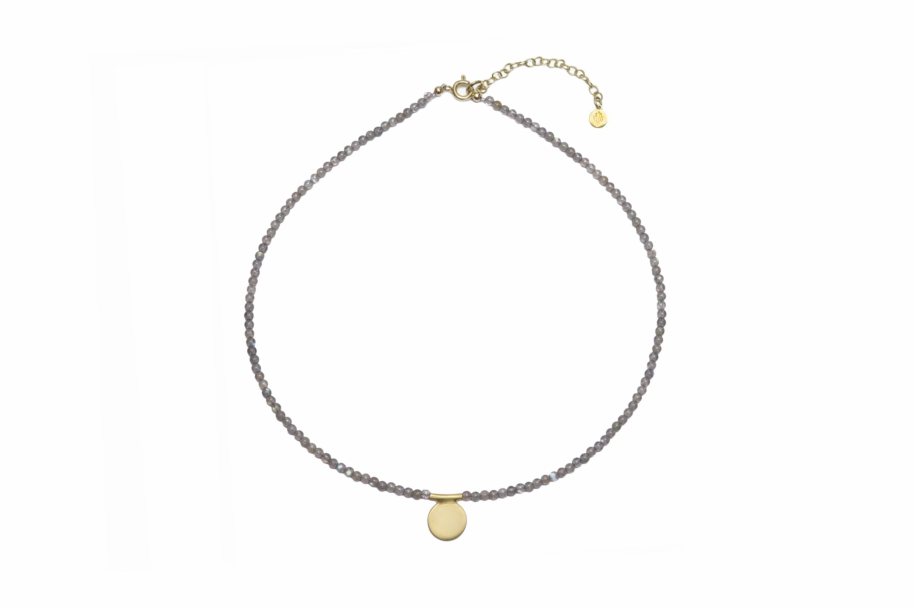 Labradorite Beaded Gold Necklace with Coin In The Center necklaces Anemone Unique