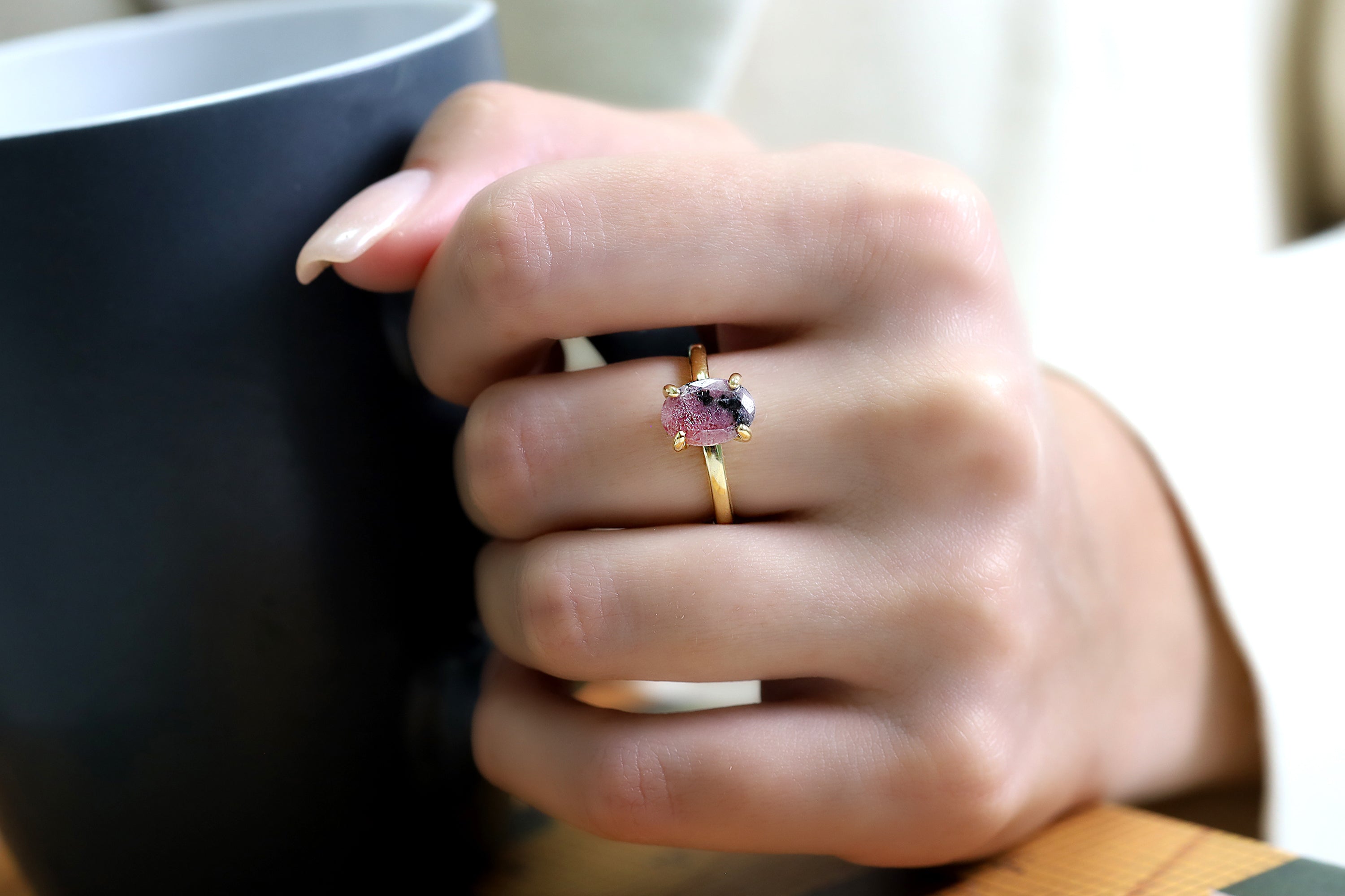 Pink Rhodonite Oval Ring in 18k Gold Rings Anemone Unique