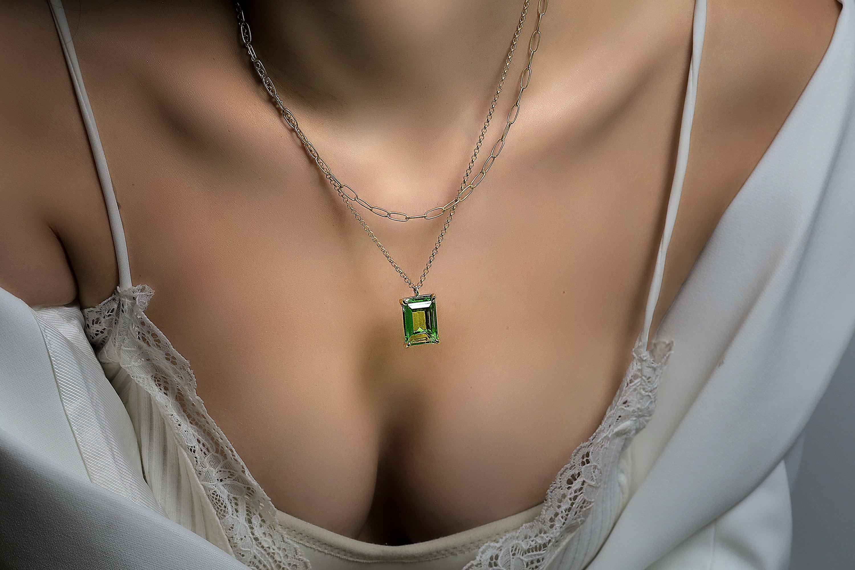 Green Tourmaline Rectangle Pendant Necklace in Yellow Gold necklaces Anemone Jewelry