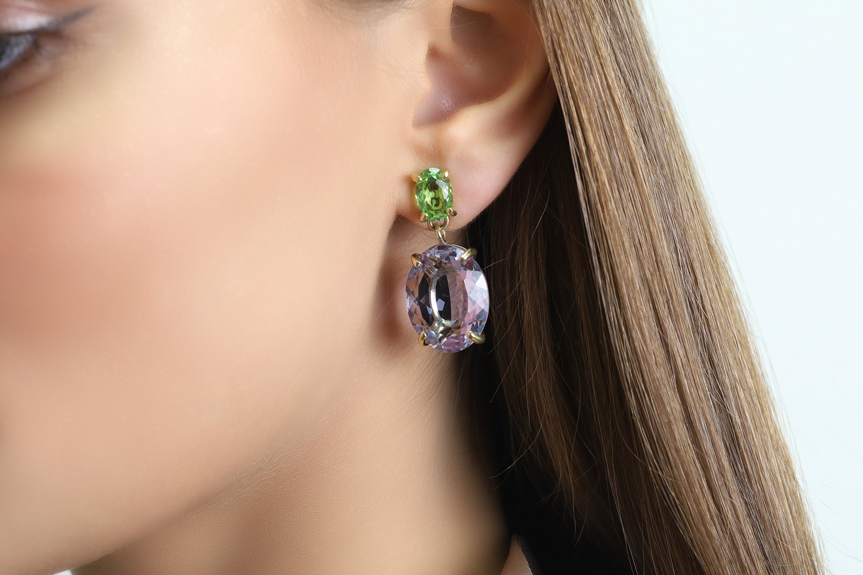 Oval Green Tourmaline and Oval Tanzanite Gold Earrings Earrings Anemone Jewelry