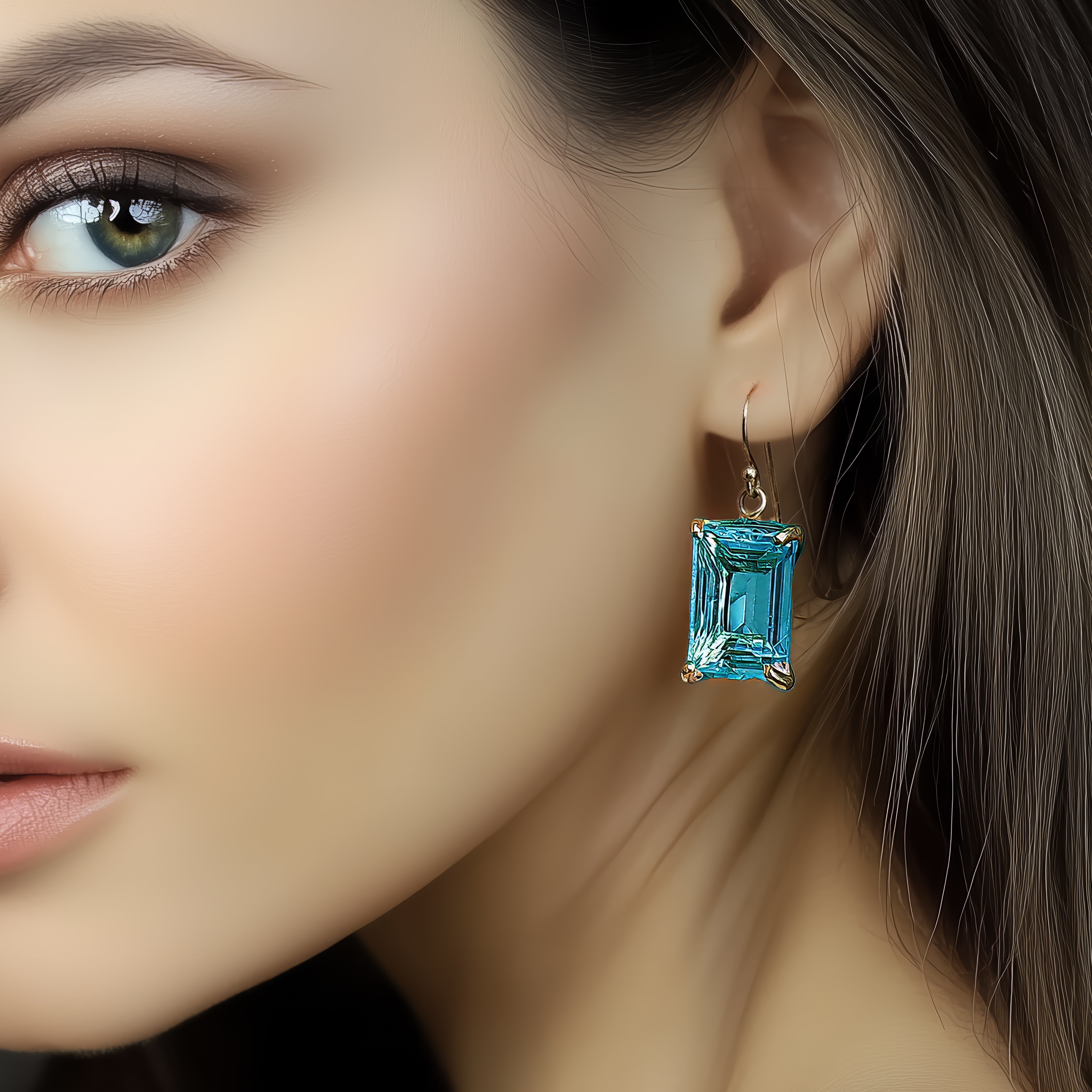 Blue Tourmaline Rectangular Gemstone Gold Dangle Earrings Earrings Anemone Jewelry