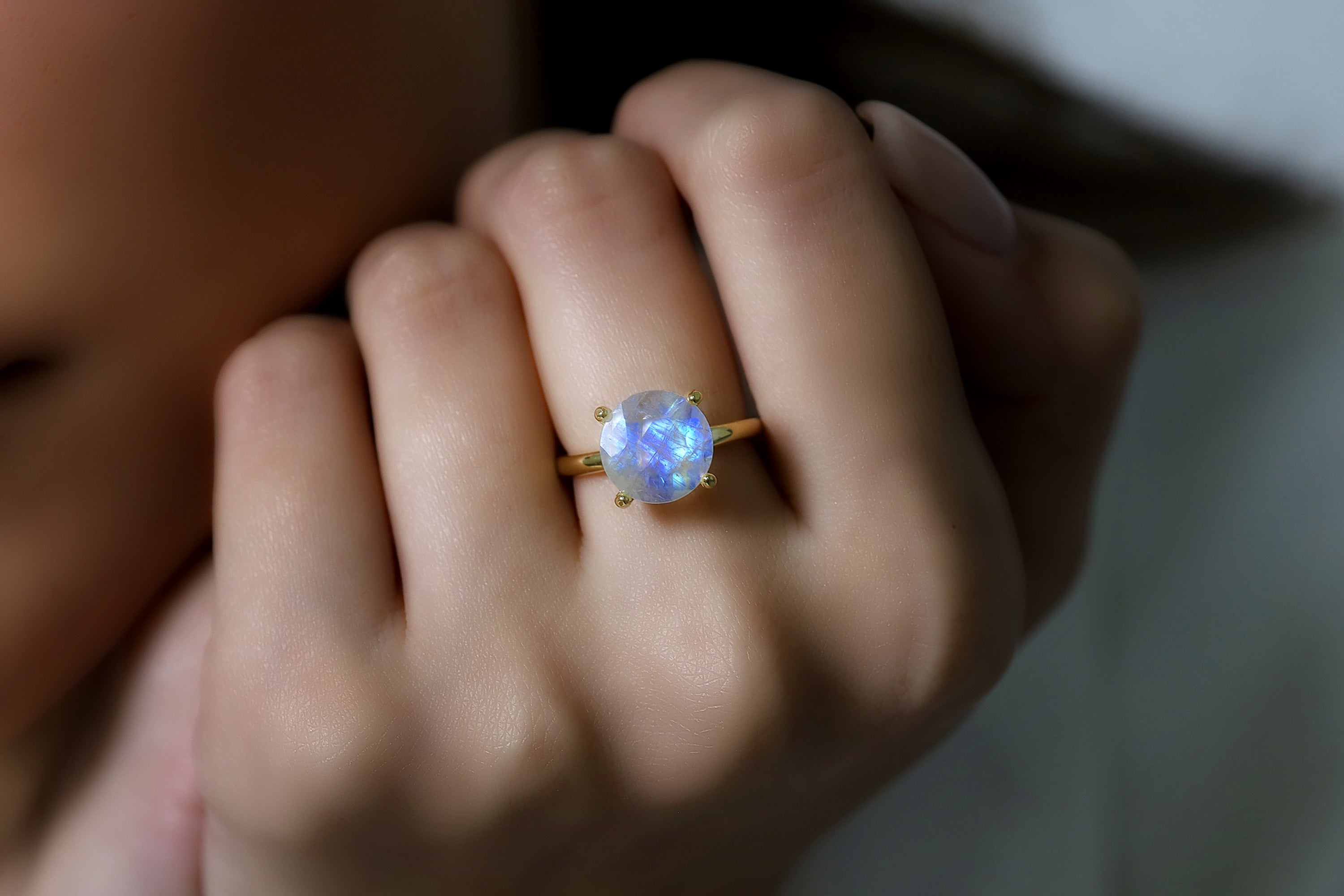 Round Rainbow Moonstone Ring in Gold Rings Anemone Unique