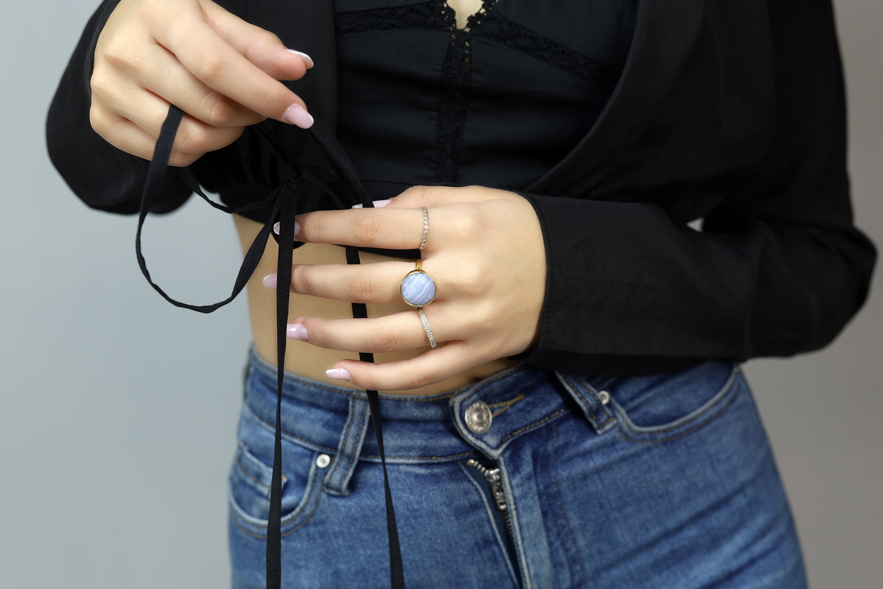 Unique Bezel Set Blue Lace Agate Ring in Gold Rings Anemone Limited