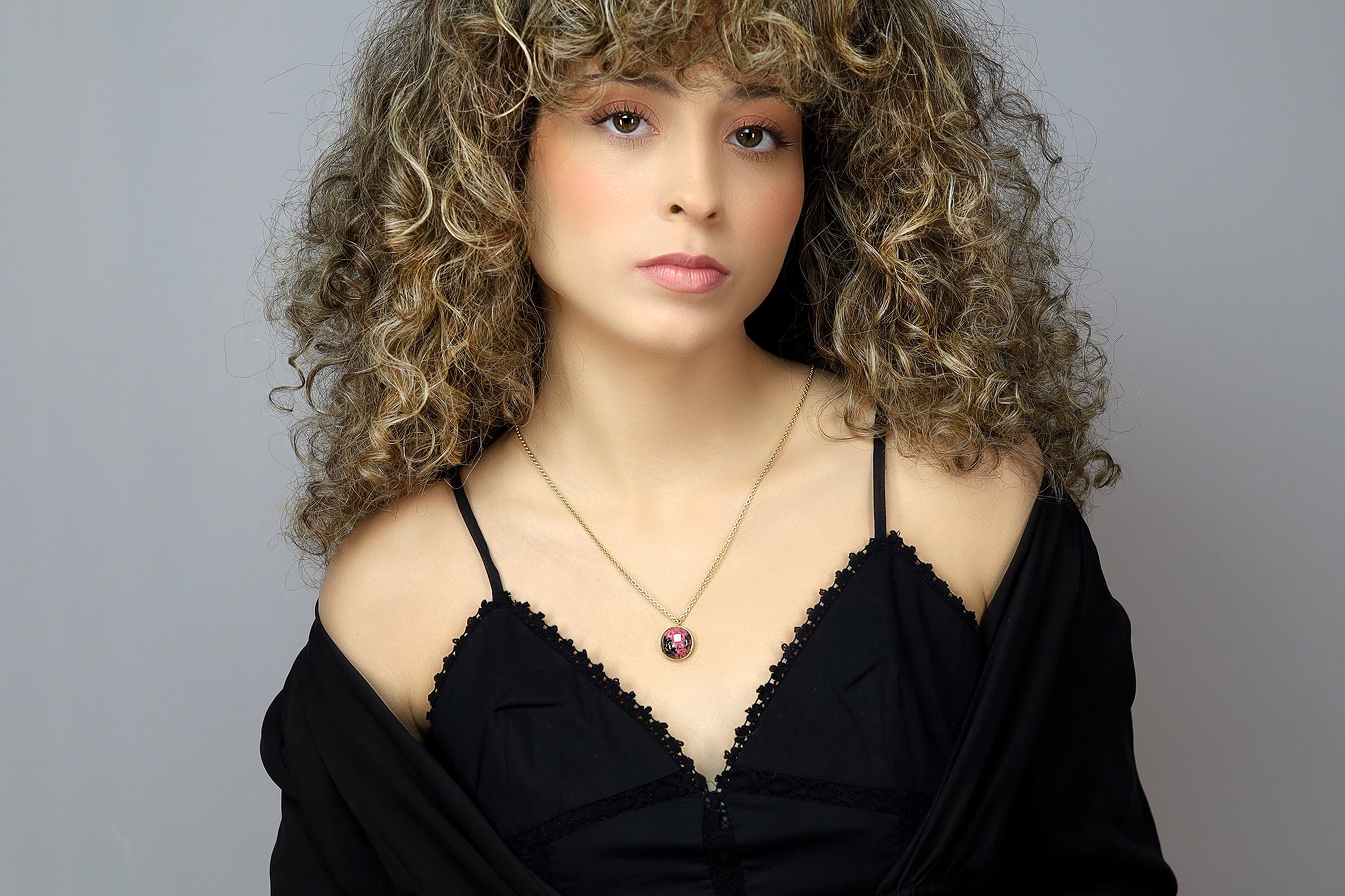 Fashionable Pink Rhodonite Bezel Set Gold Necklace necklaces Anemone Limited