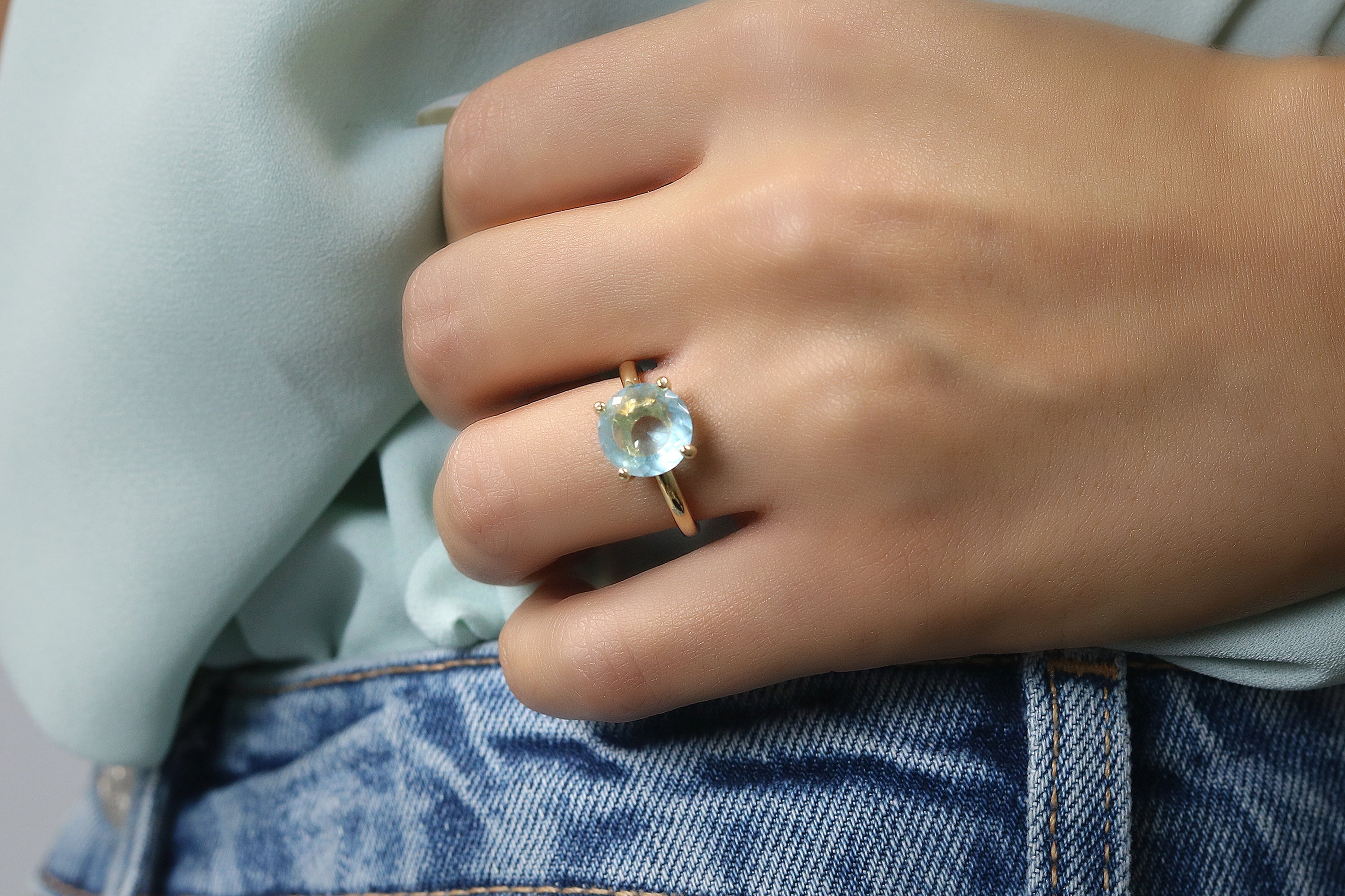 14K Rose Gold Blue Topaz Gemstone Ring Rings Anemone Unique