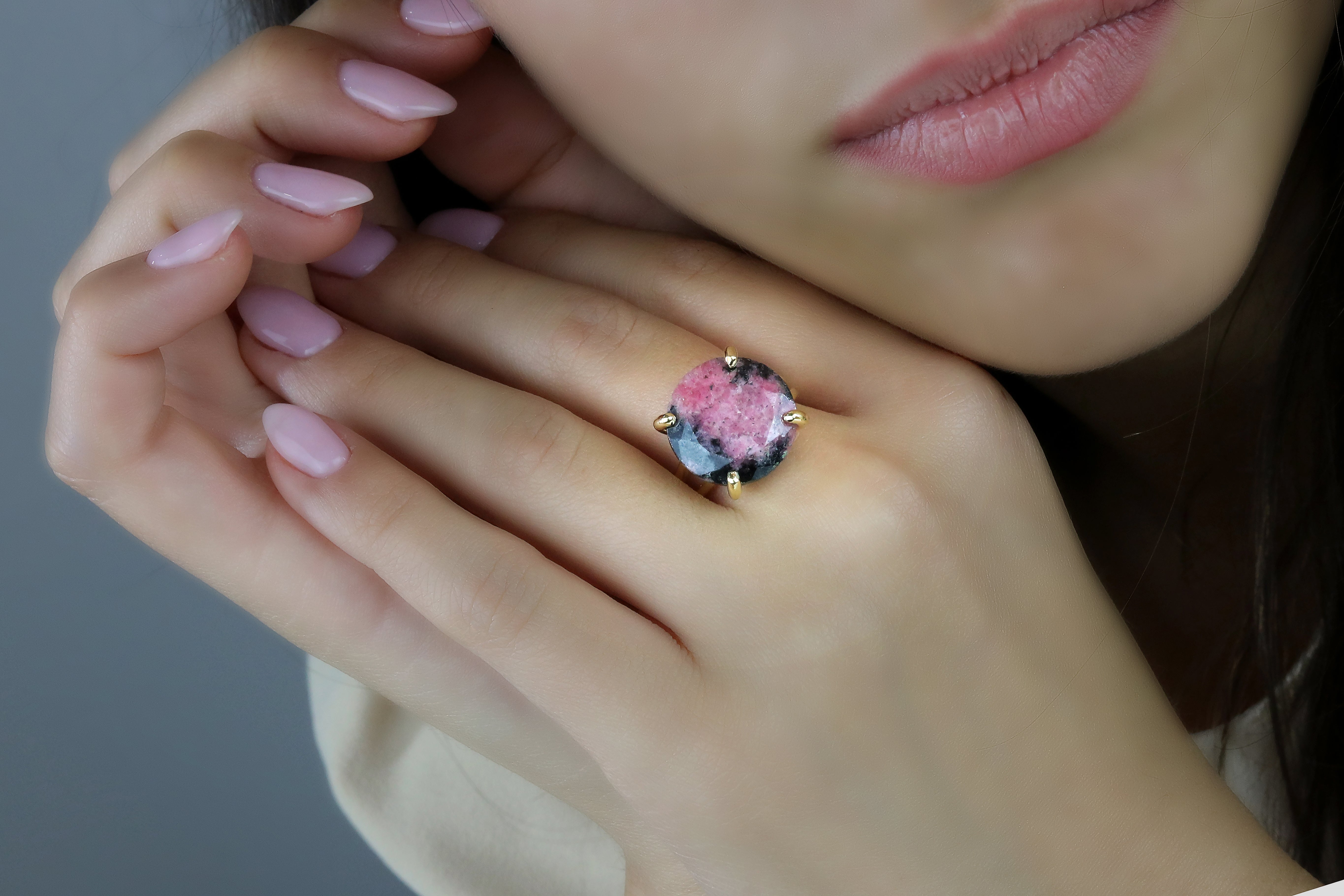 Round Rhodonite Ring in 14k Rose Gold-filled Band Rings Anemone Jewelry