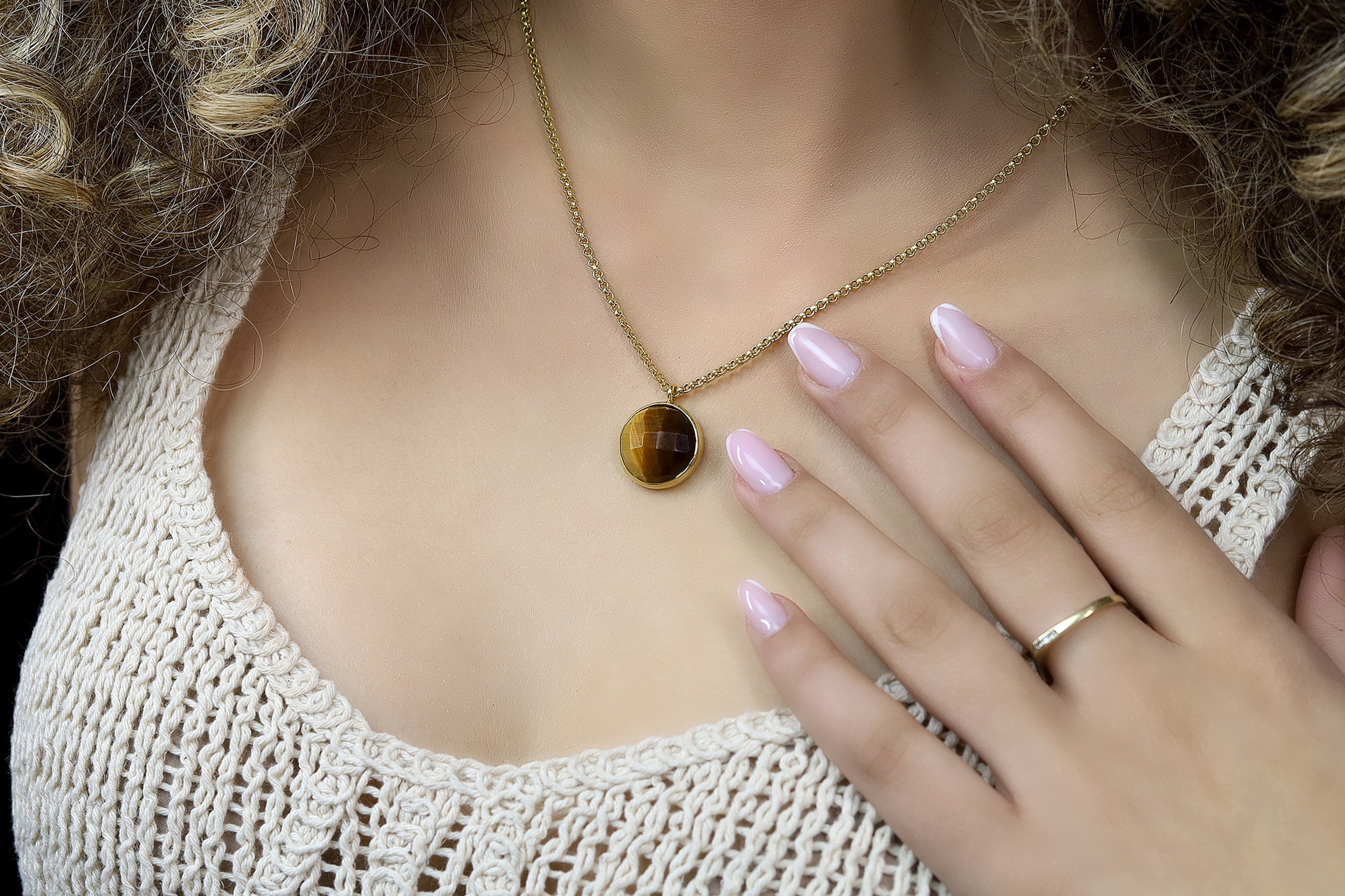 Semiprecious Tiger Eye Bezel Set Pendant Necklace in Gold necklaces Anemone Limited
