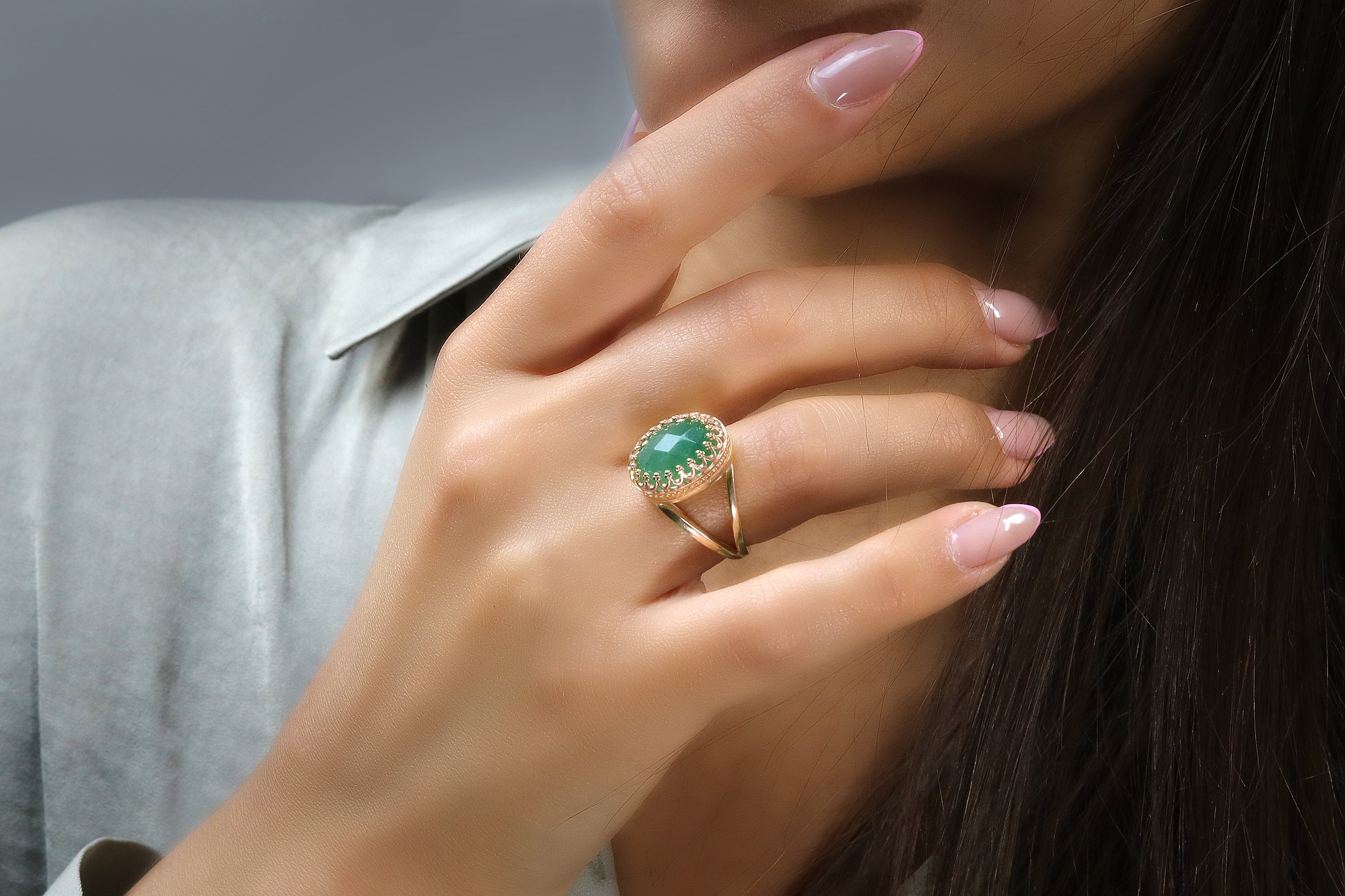 Exquisite Green Aventurine Ring in 14k Gold-filled Band Rings Anemone Jewelry