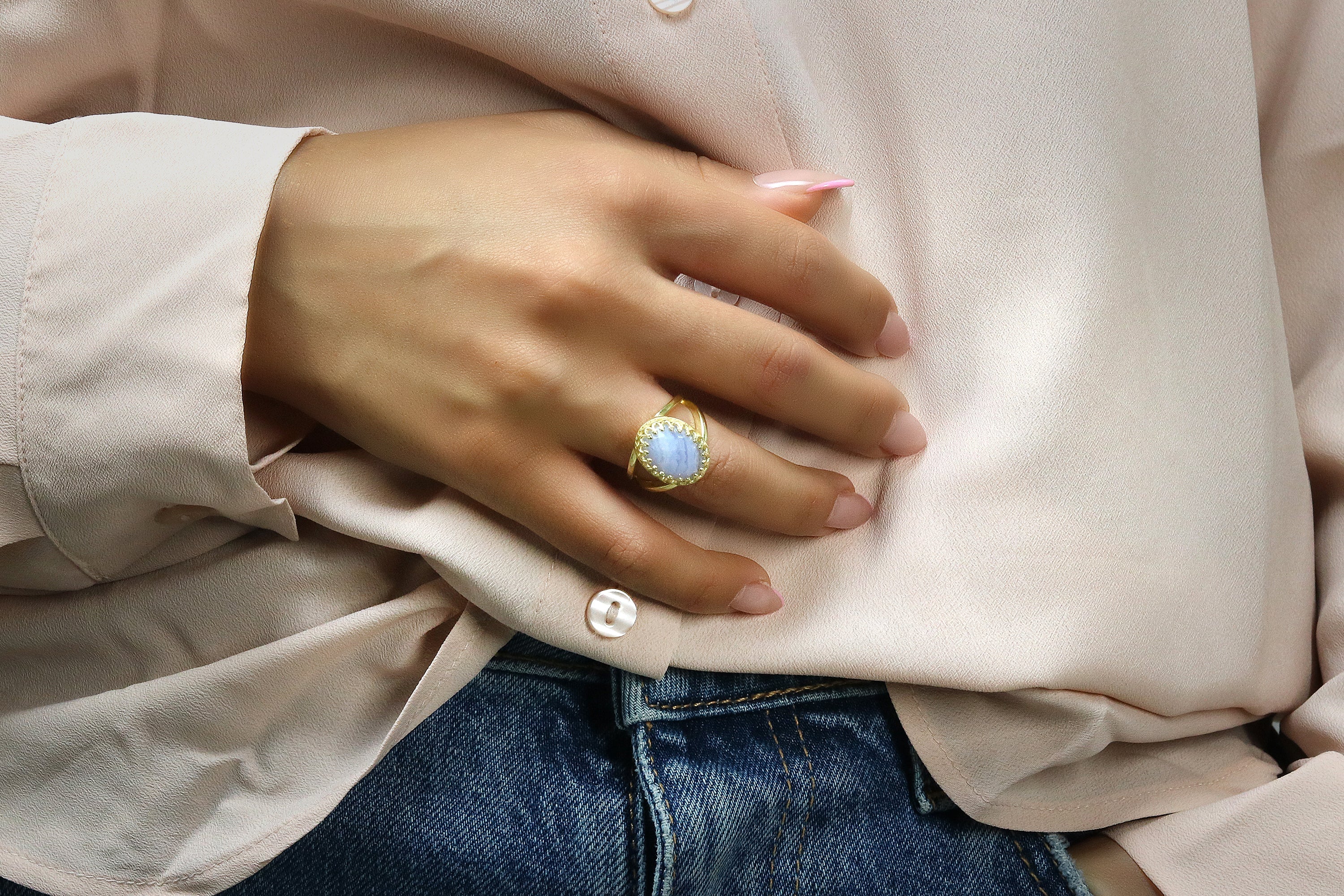 Feminine Lace Agate Ring in 14k Gold-filled Double Band Rings Anemone Jewelry