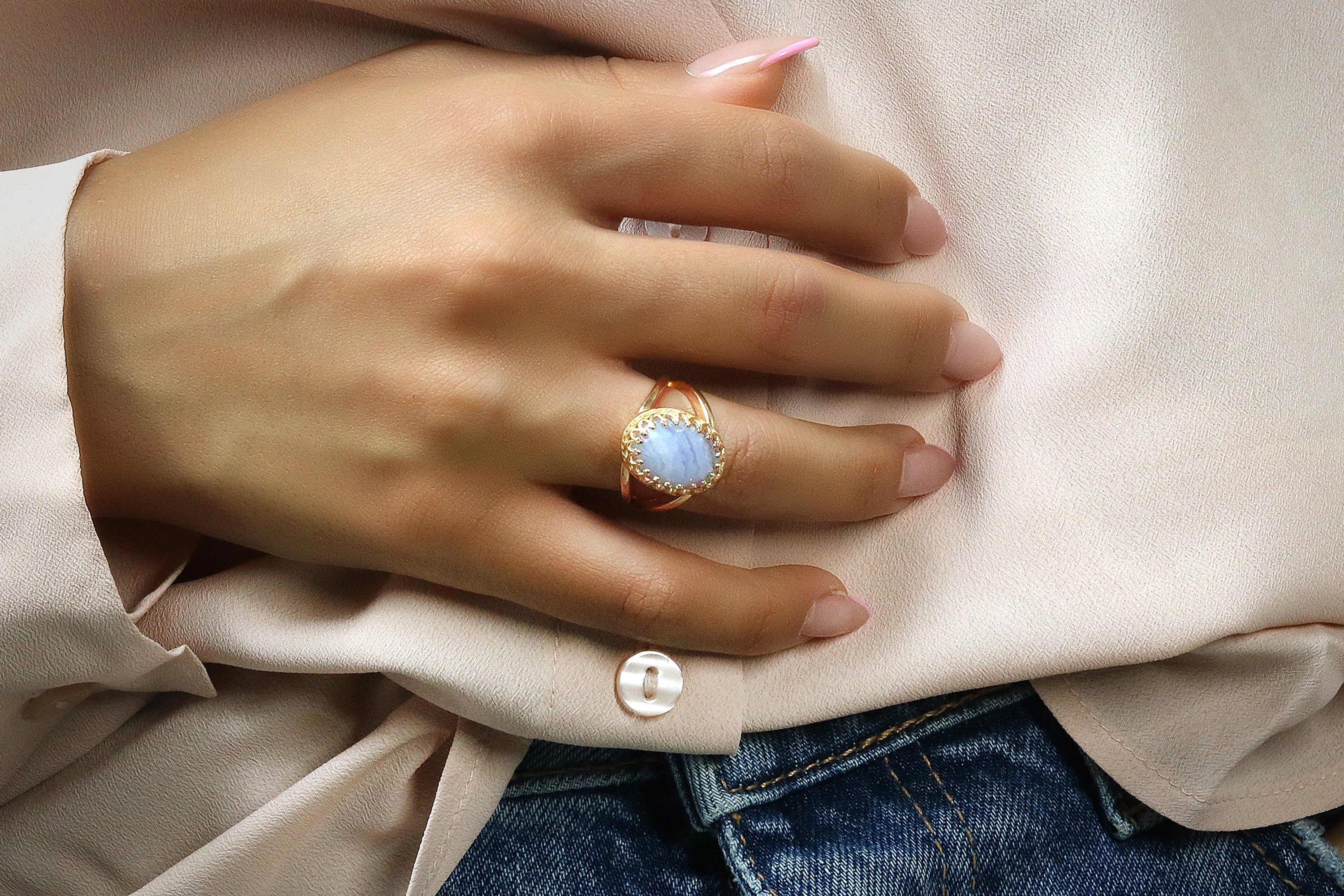 Fancy Oval Lace Agate Ring in Rose Gold Rings Anemone Jewelry