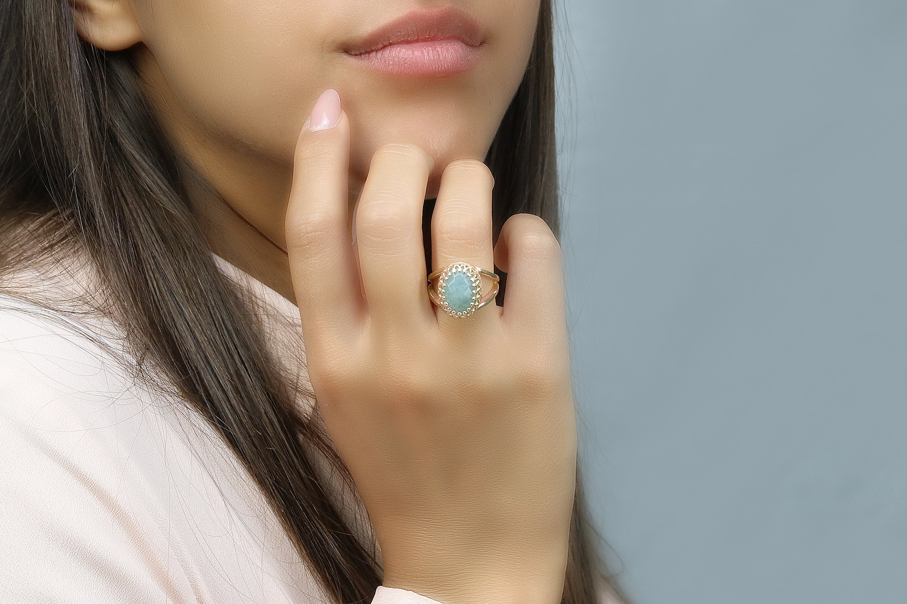 10x14mm Oval Aquamarine Ring in 14K Gold-filled Double Band Rings Anemone Jewelry