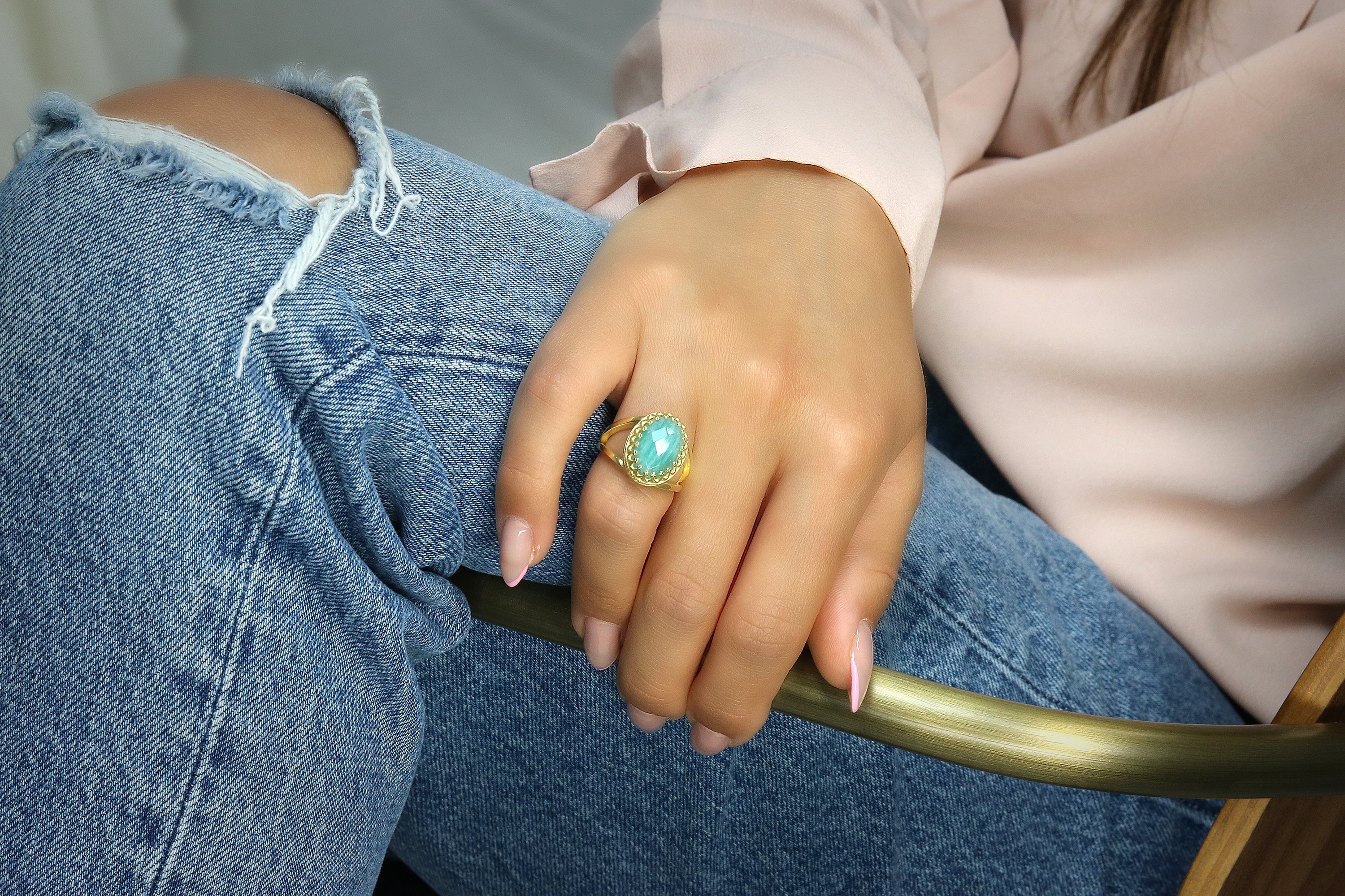 Charming Amazonite Ring in 14k Gold-filled Double Band Rings Anemone Jewelry