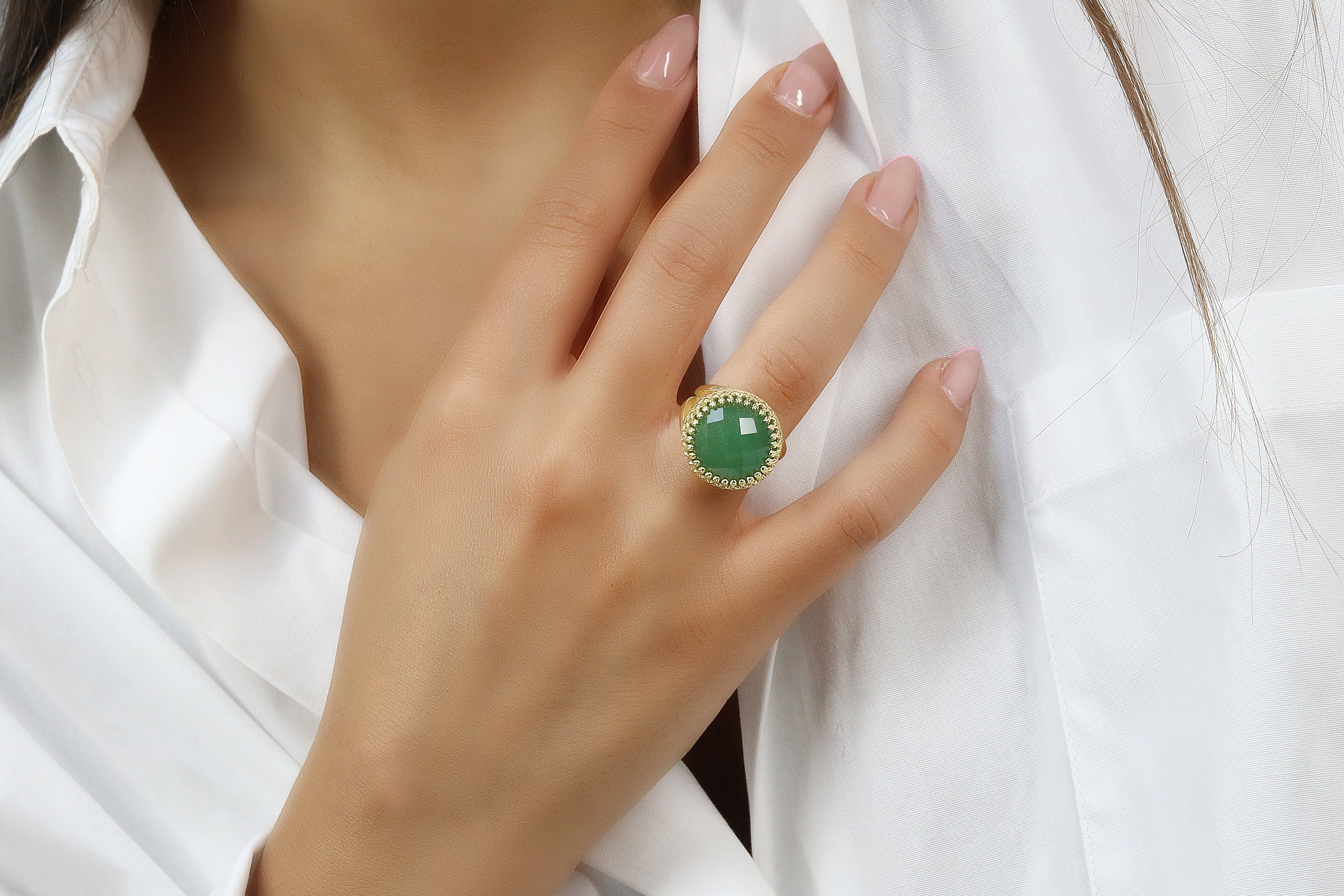 Round Green Aventurine Ring in 925 Silver Rings Anemone Jewelry
