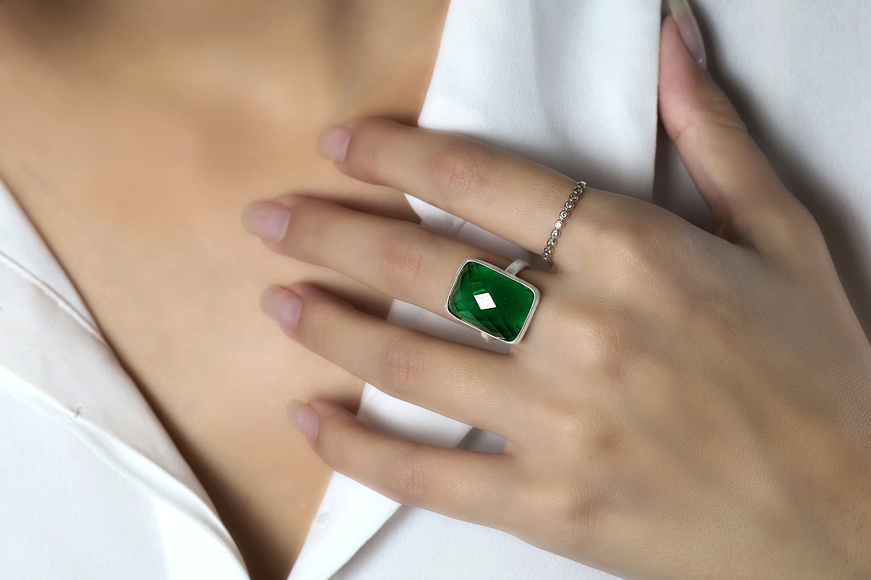 Sterling Silver Rectangle Cut Emerald Bezel Ring Rings Anemone Limited