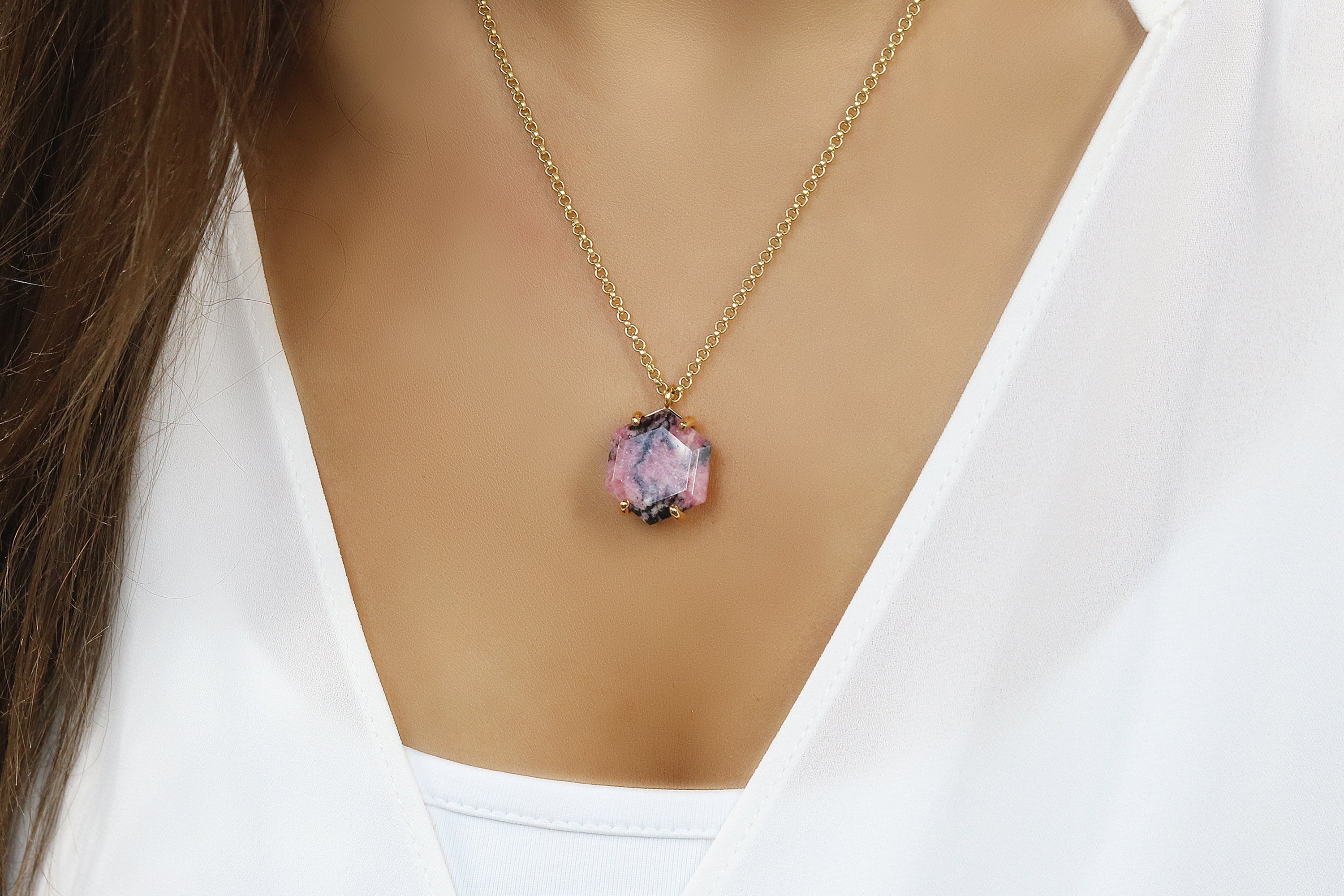 Large Hexagon Rhodonite Necklace in Gold necklaces Anemone Jewelry