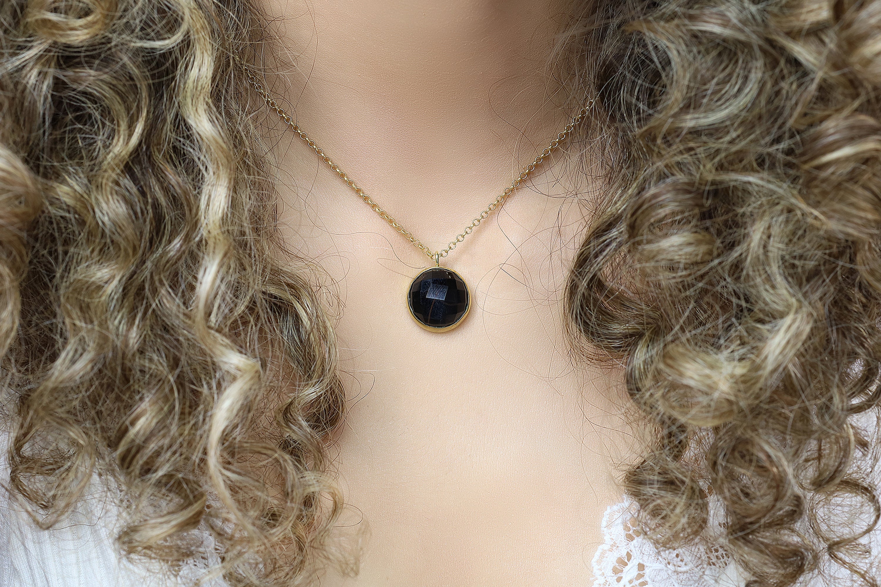 Black Onyx Semiprecious Long Gold Pendant Necklace necklaces Anemone Limited