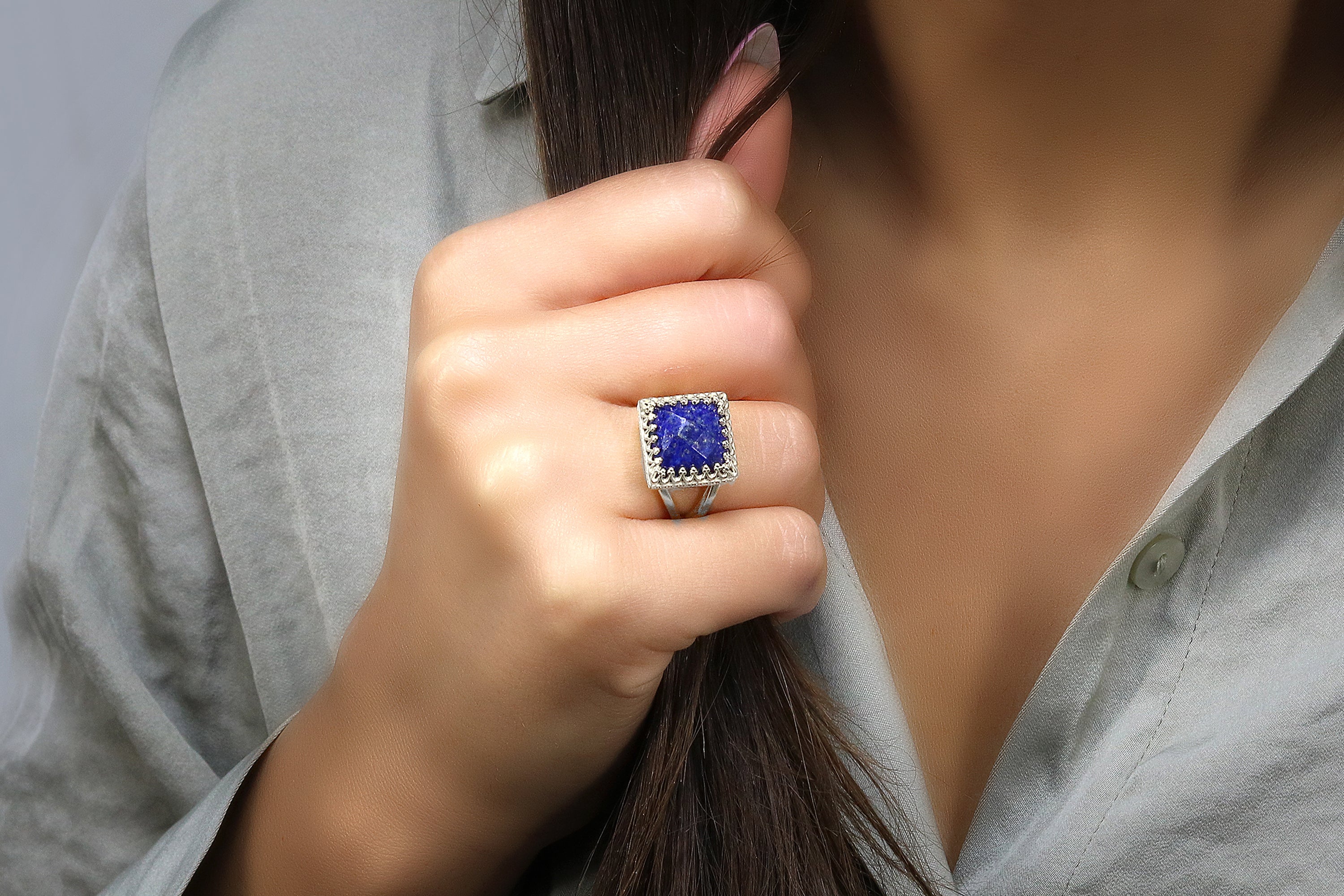 Stunning 12x12mm Deep Blue Lapis Lazuli Ring Rings Anemone Jewelry