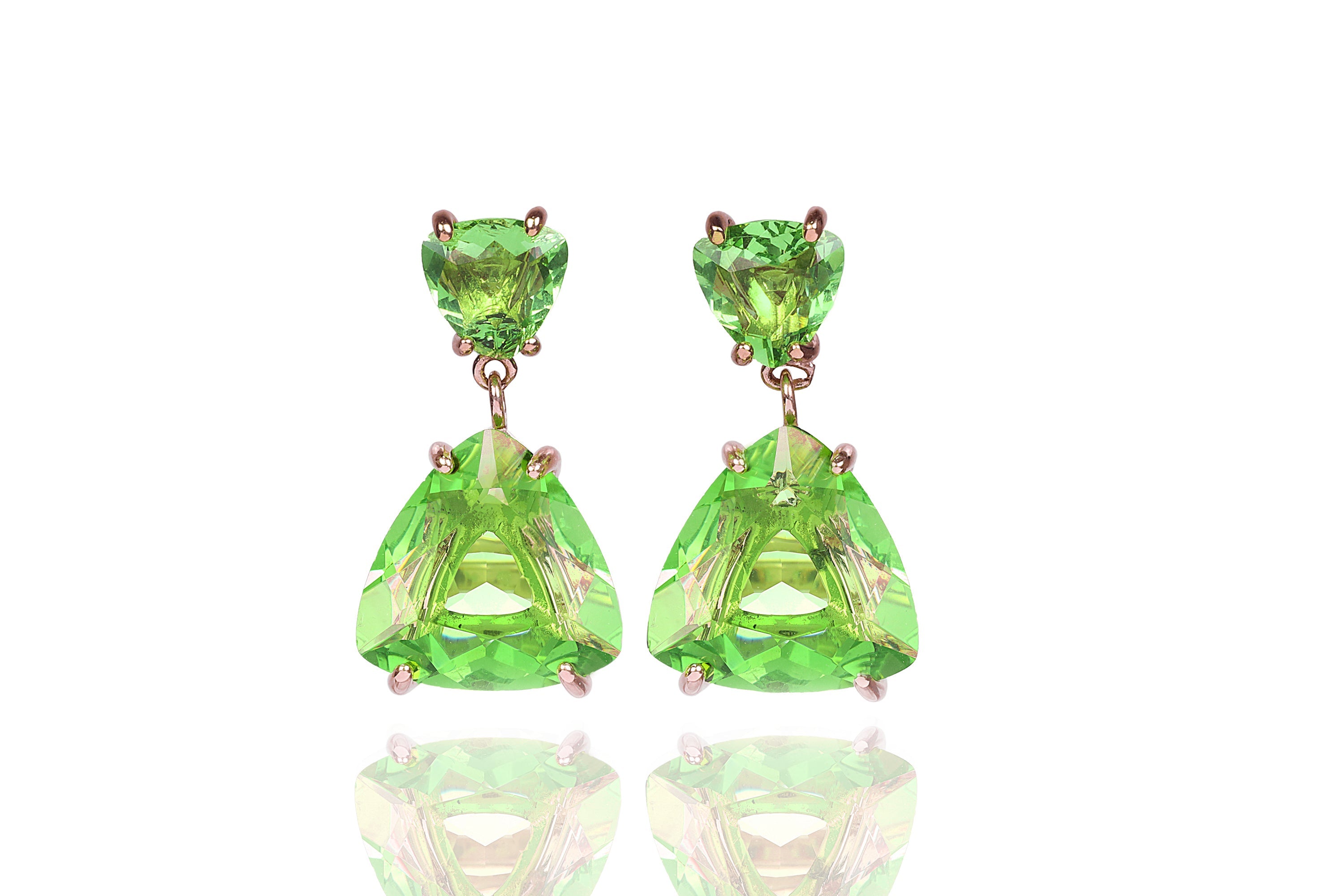 Trillion Cut Long Green Tourmaline Gold Earrings Earrings Anemone Jewelry