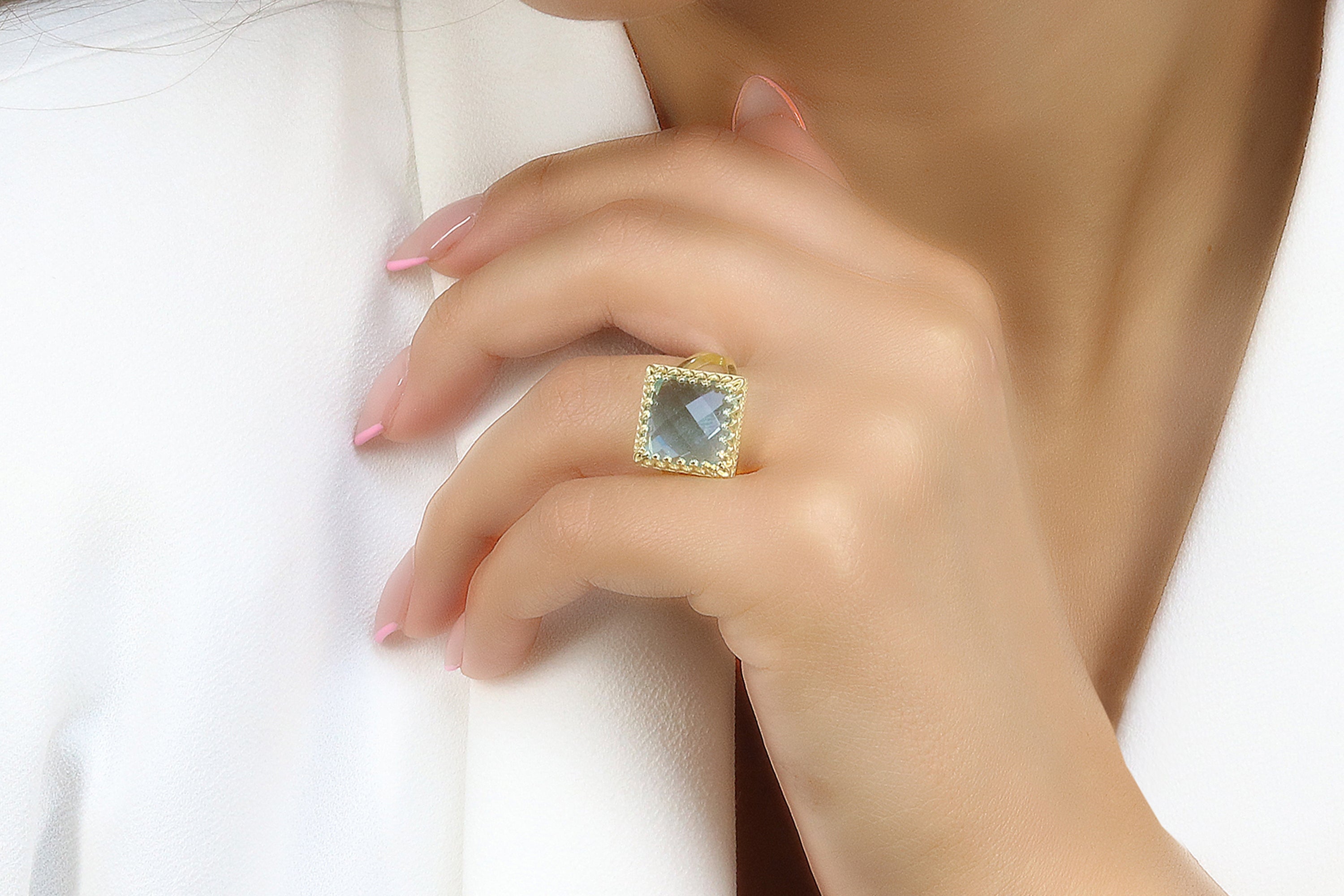 Faceted Blue Topaz Ring with 14k Gold-filled Double Band Rings Anemone Jewelry