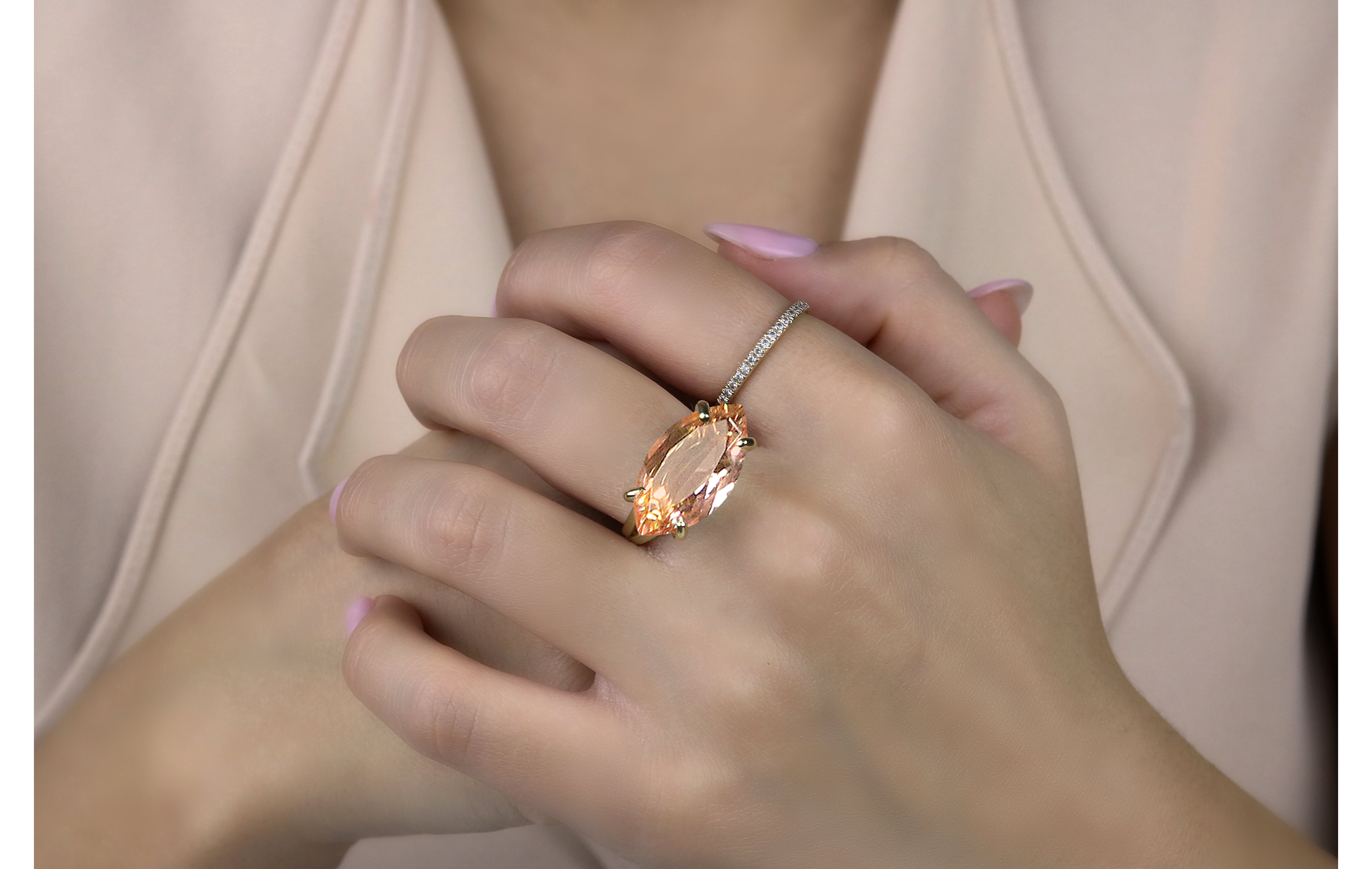 Lustrous Marquise Solitaire Morganite Gold Ring Rings Anemone Jewelry