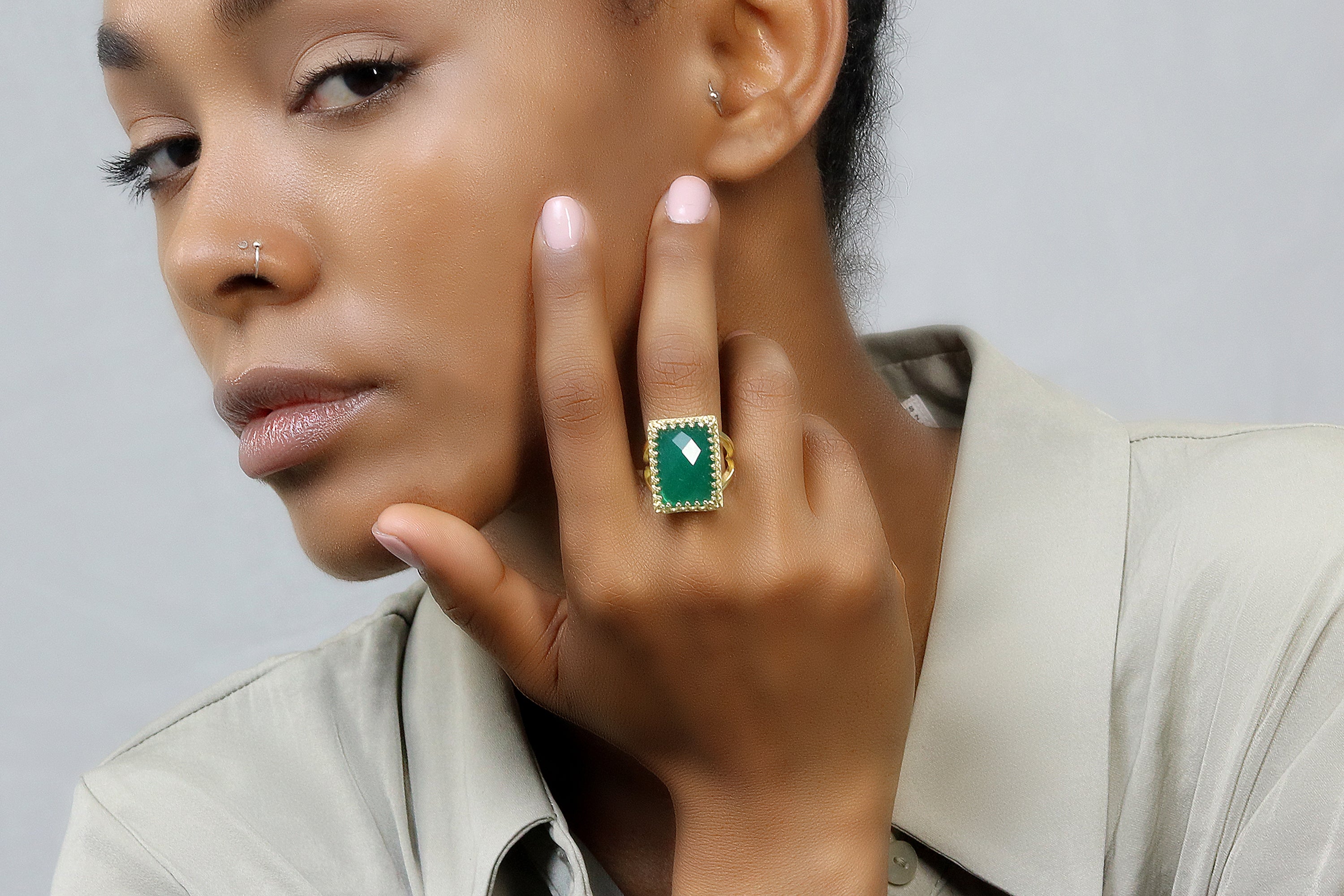 Natural Green Onyx Gemstone Custom Gold Ring Rings Anemone Jewelry