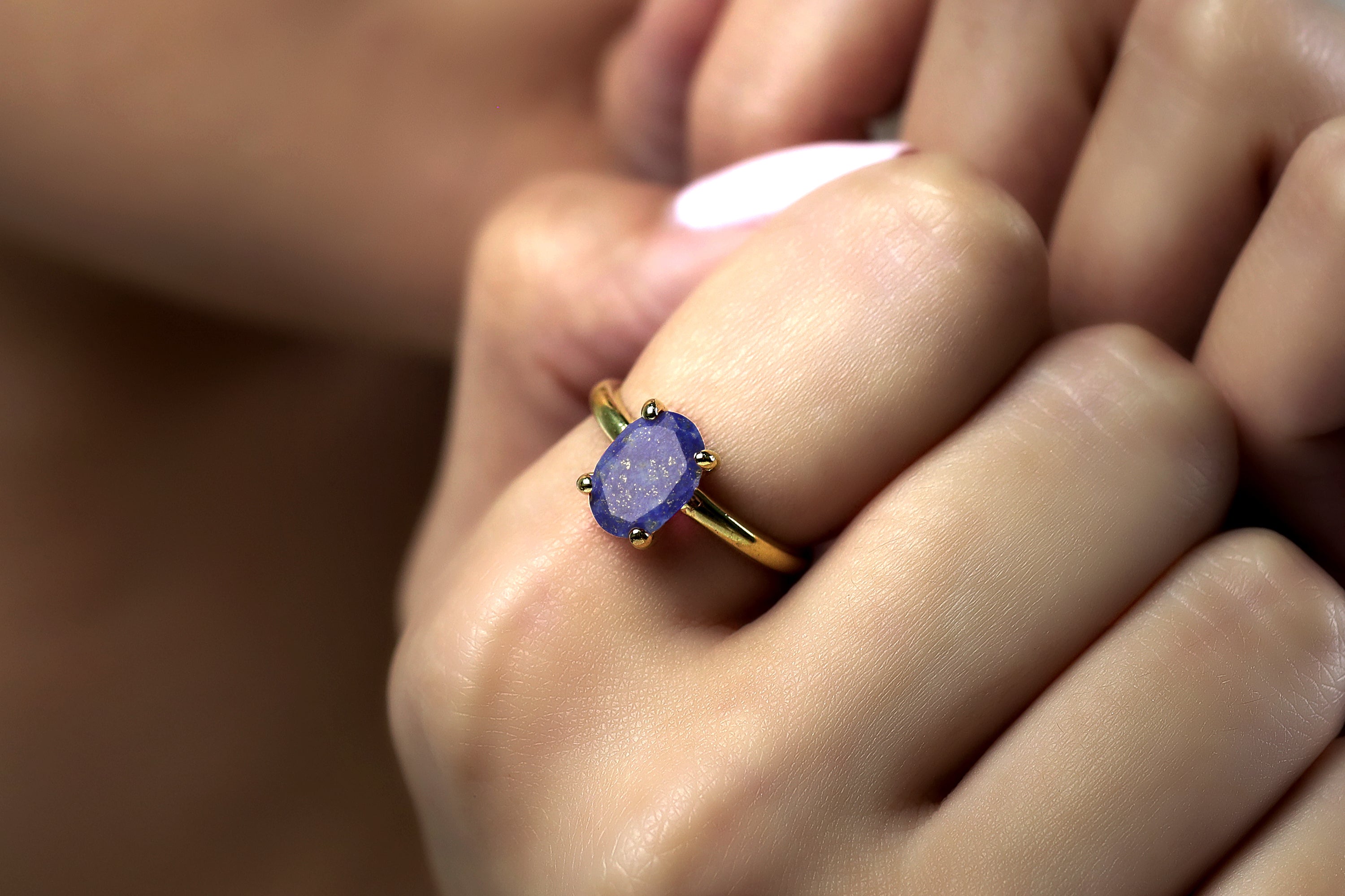 14K Gold Stackable Lapis Oval Gemstone Ring Rings Anemone Unique