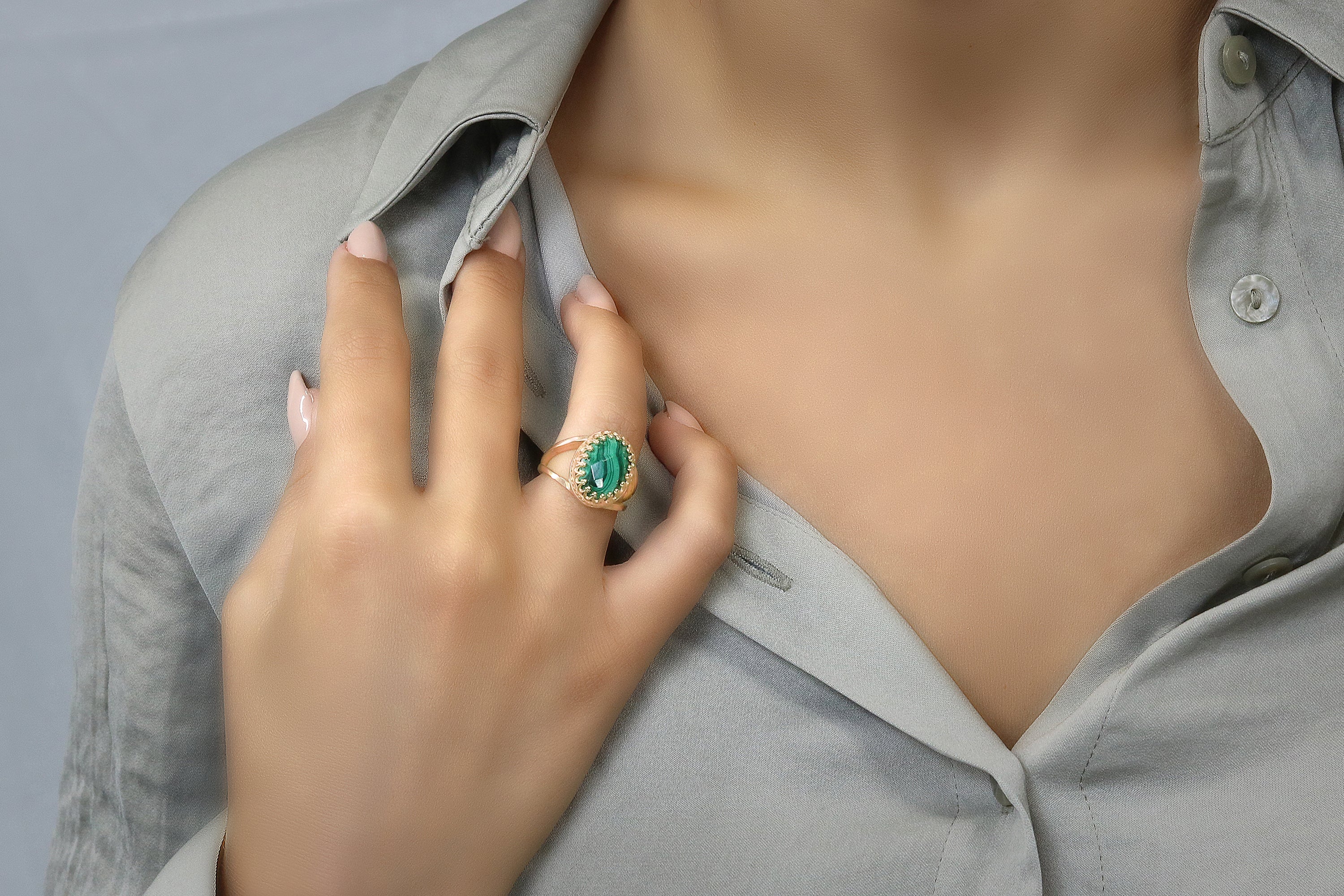 Elegant Malachite Ring with 14K Rose Gold-filled Band Rings Anemone Jewelry