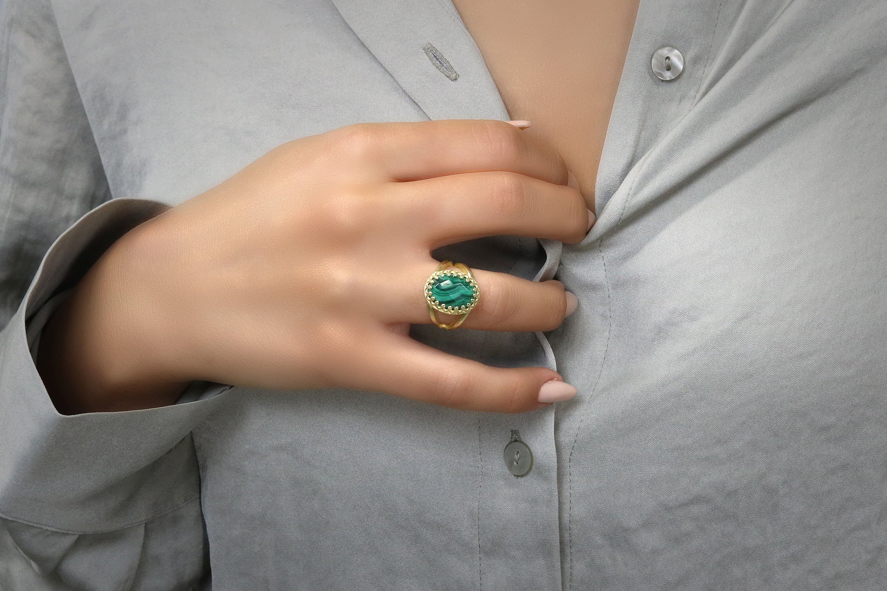 14k Gold Oval Malachite Ring Rings Anemone Jewelry