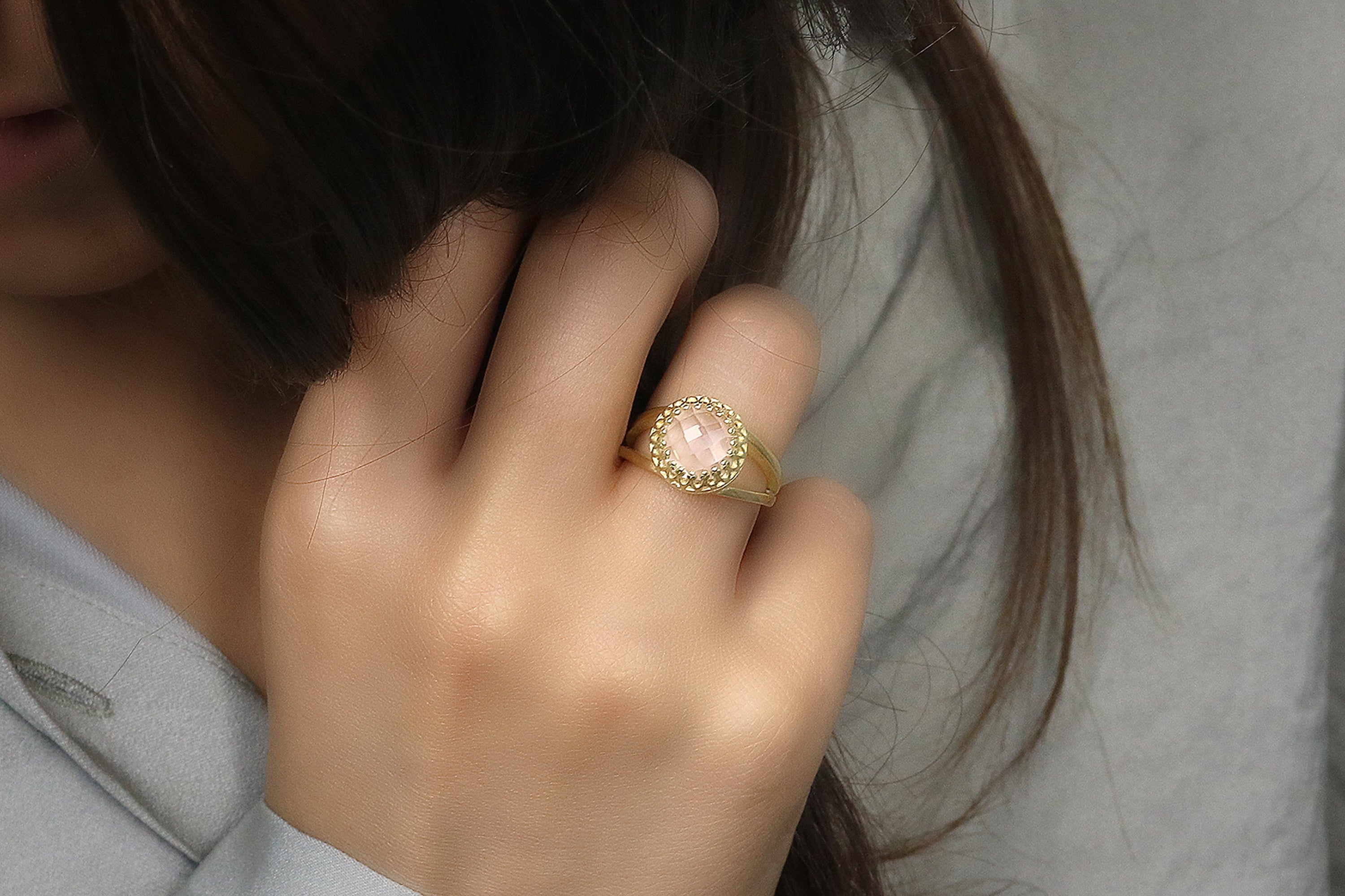 Crystal Quartz Gemstone in 14K Rose Gold Rings Anemone Jewelry