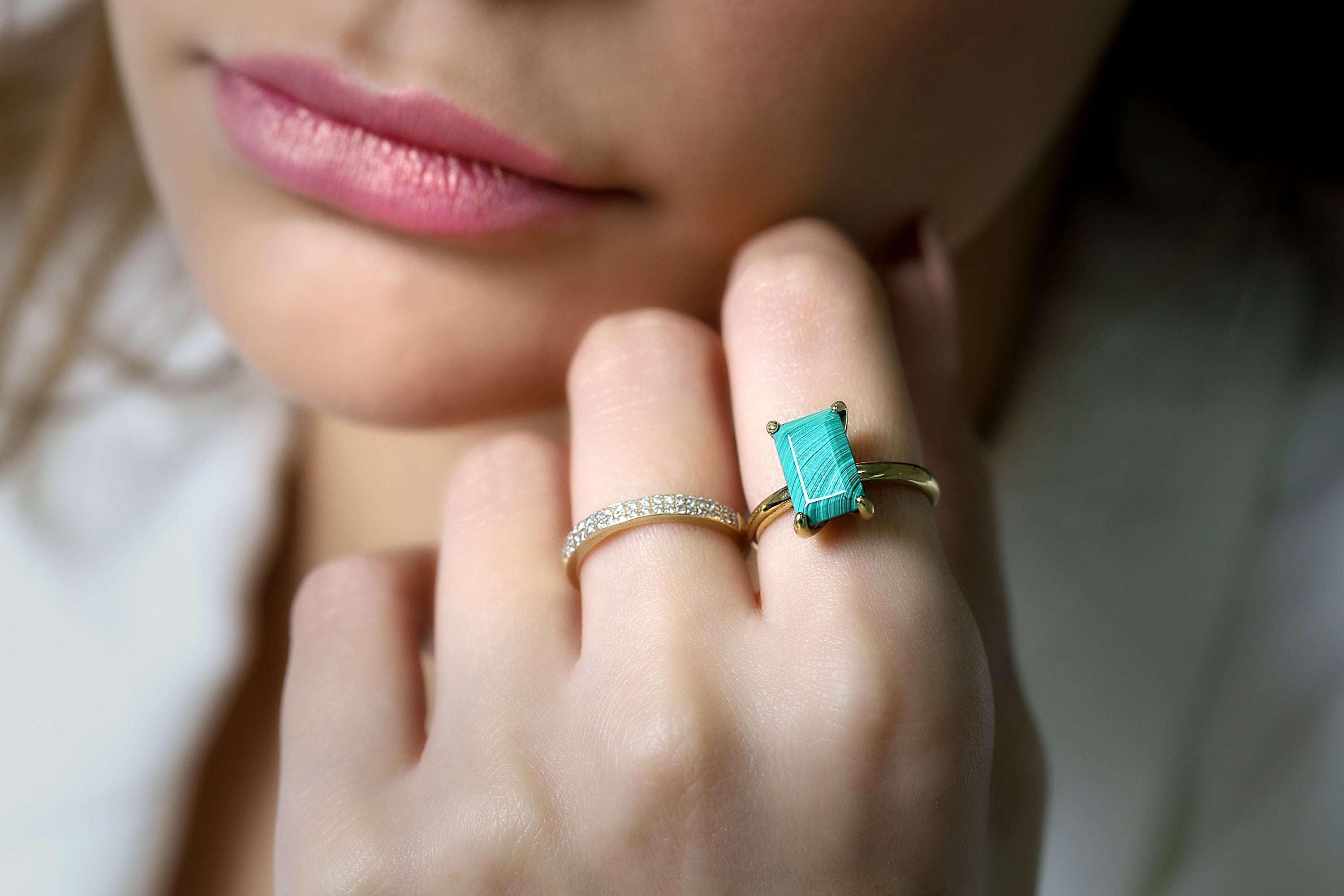 Handmade Malachite Rectangle Gold Stacking Ring Rings Anemone Unique