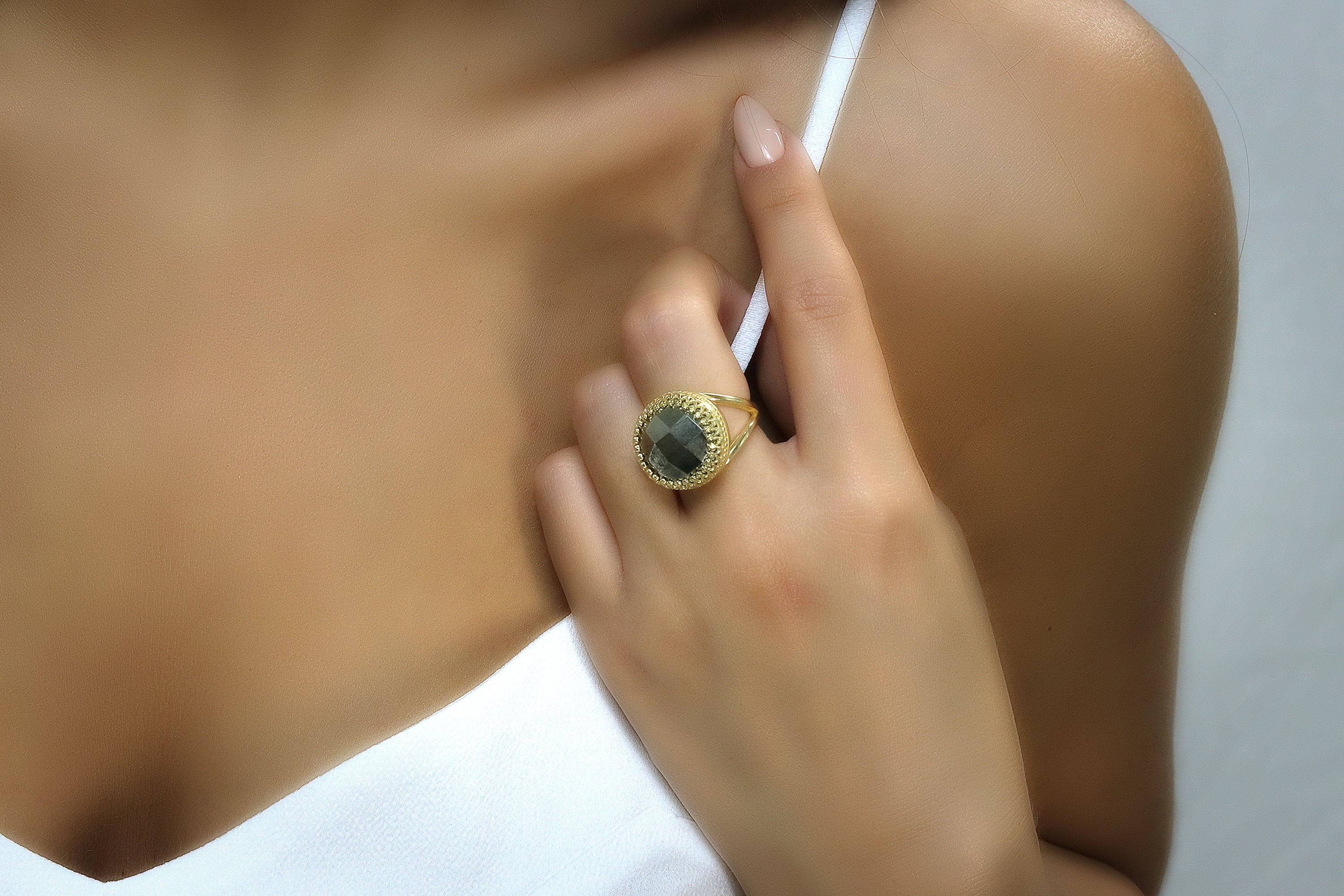 Large Pyrite Ring in Silver Prong Setting Rings Anemone Jewelry