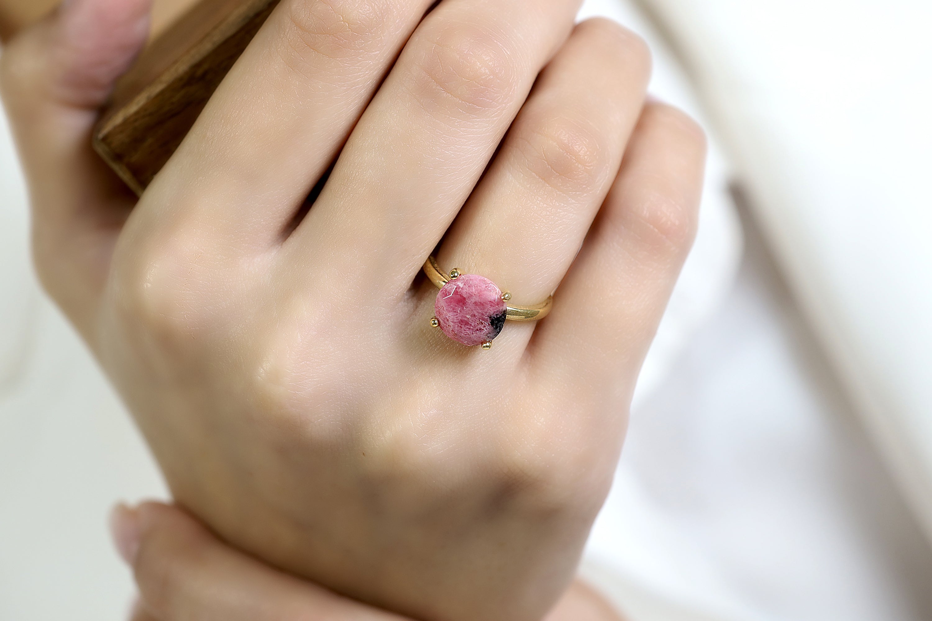 Decorative Single Rhodonite Gold Ring Rings Anemone Unique