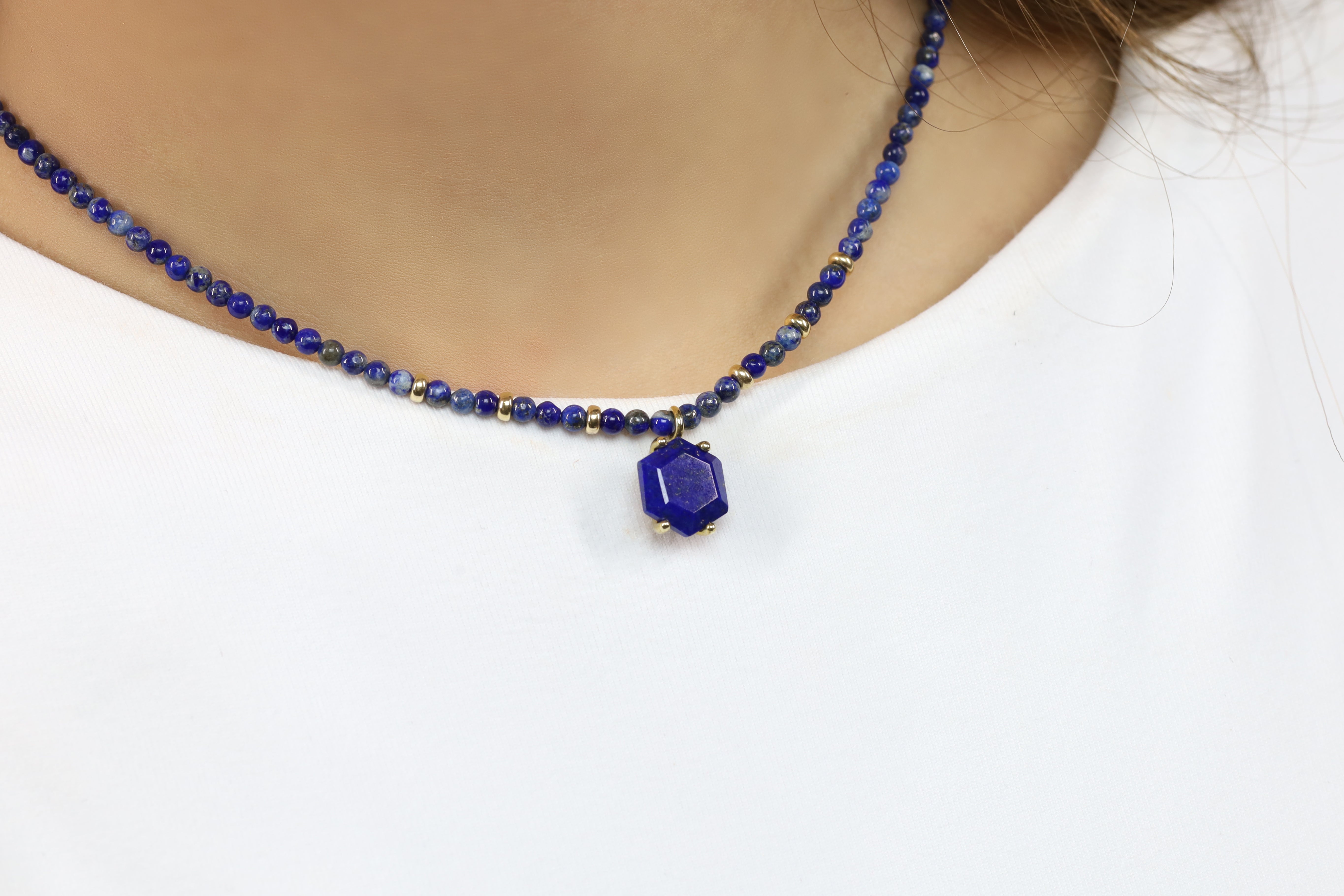 Lapis Lazuli Pendant Beaded Gold Necklace necklaces Anemone Jewelry
