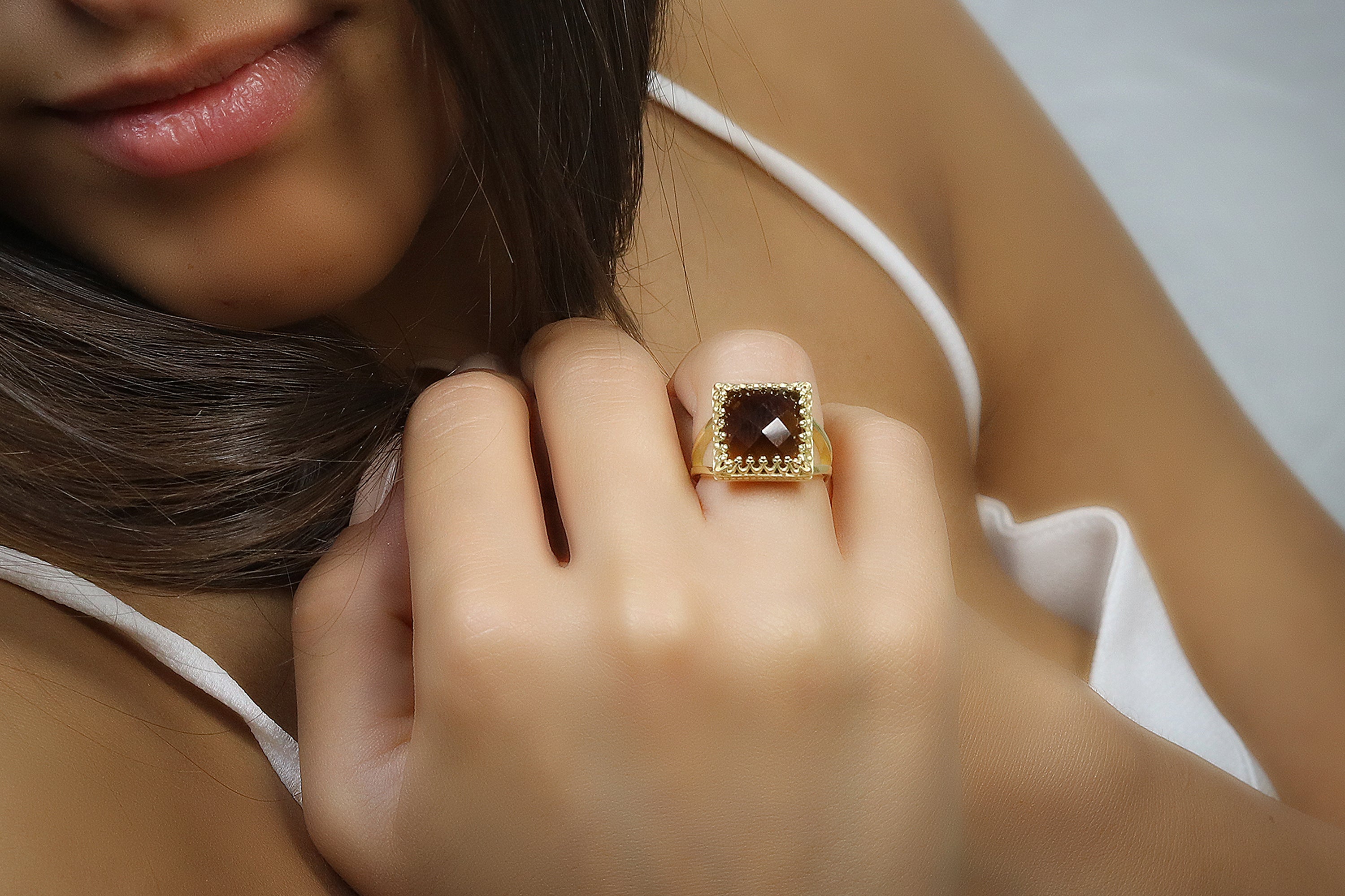 Faceted Square Smoky Quartz in 14k Gold Filled Band Rings Anemone Jewelry