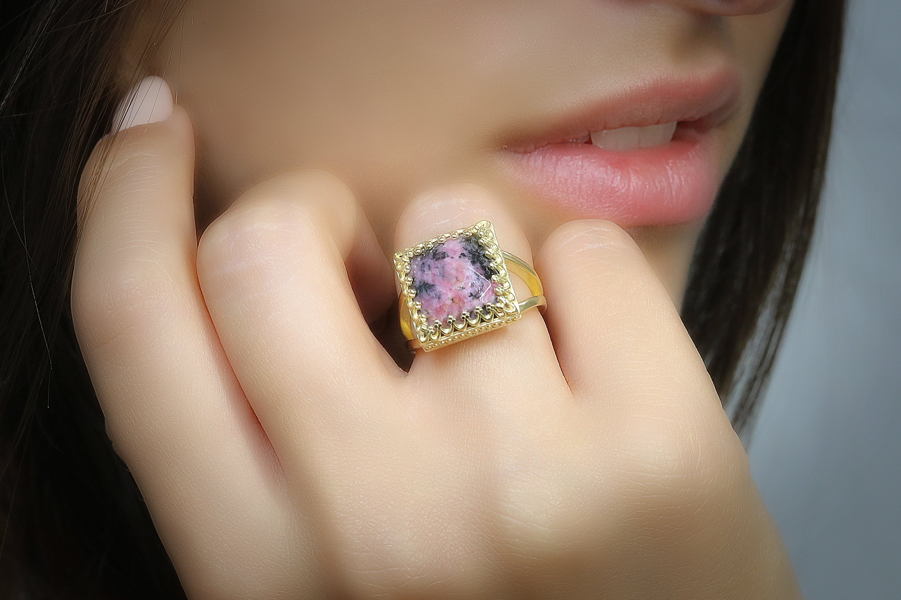 12x12mm Square Cut Red Rhodonite in Silver Rings Anemone Jewelry