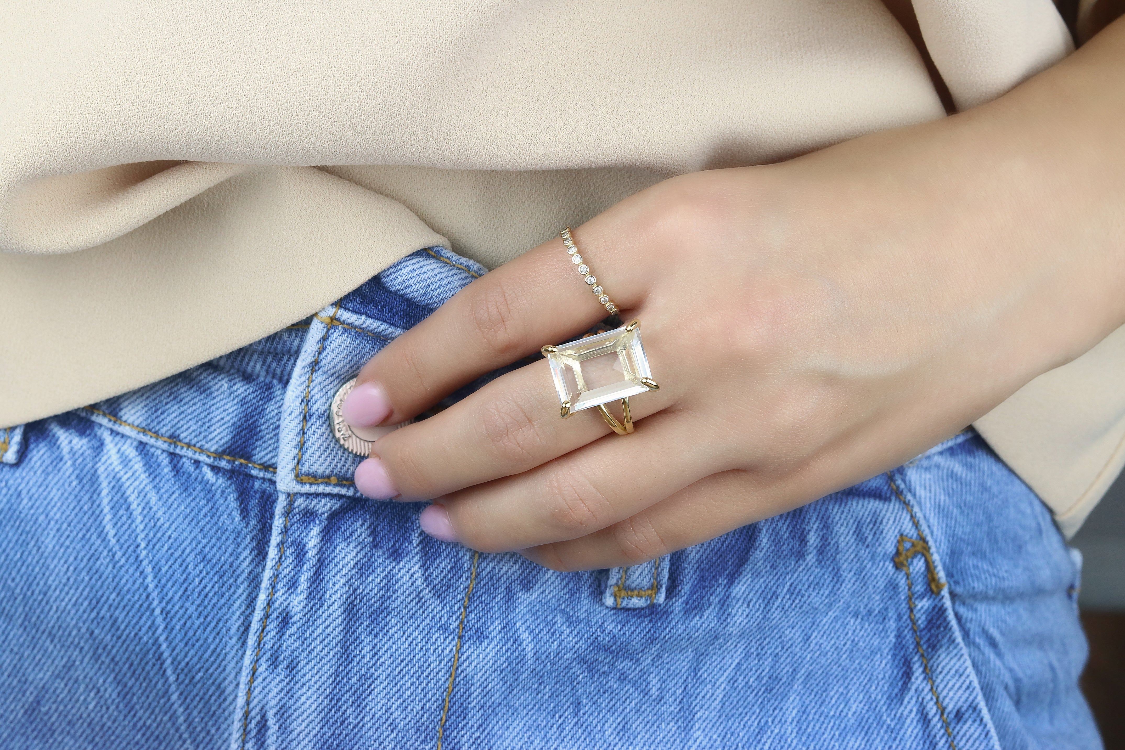 Rectangle Clear Quartz Ring in 14k Rose Gold Rings Anemone Jewelry