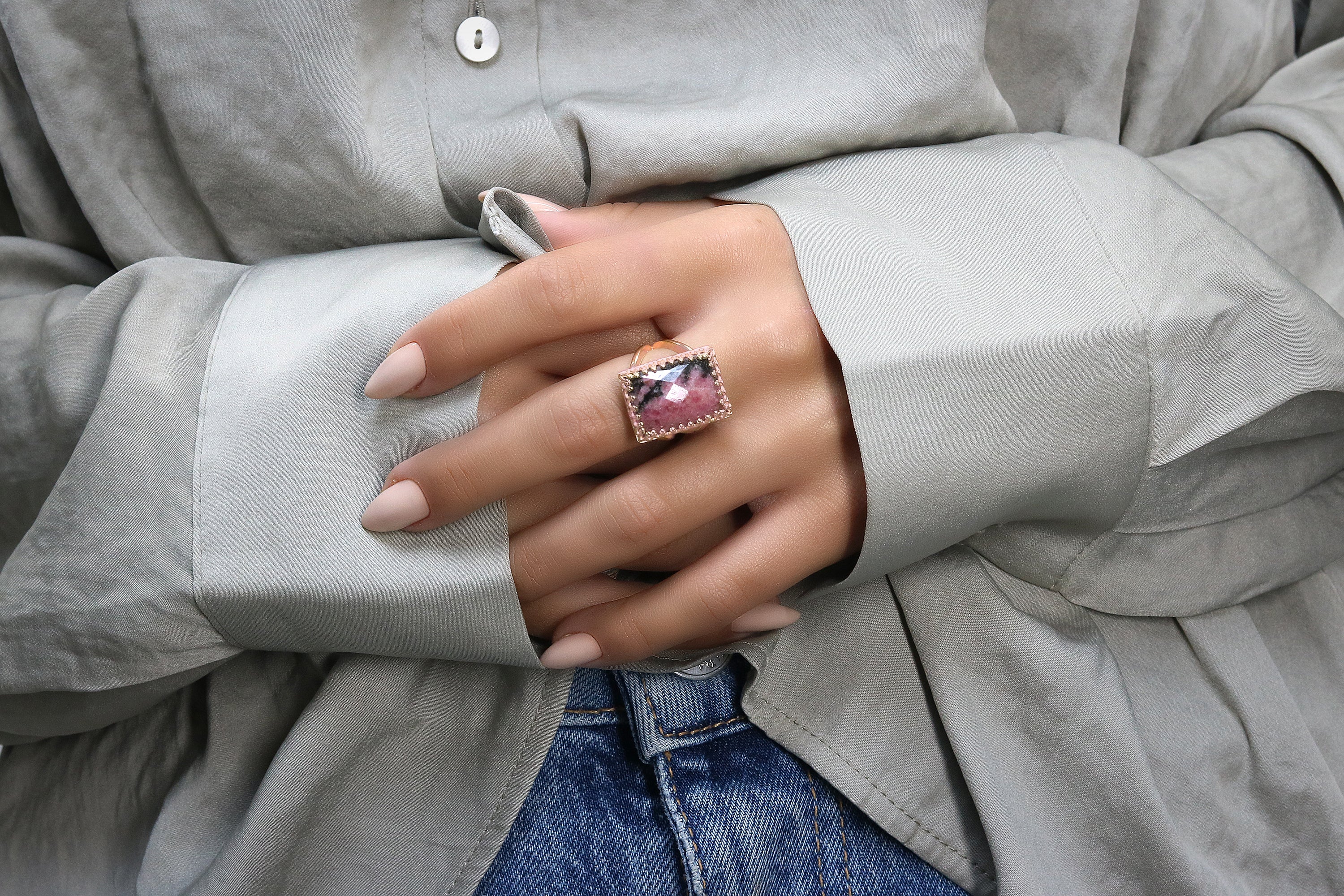 14K Rose Gold-filled Double Band Ring with Rhodonite Stone Rings Anemone Jewelry
