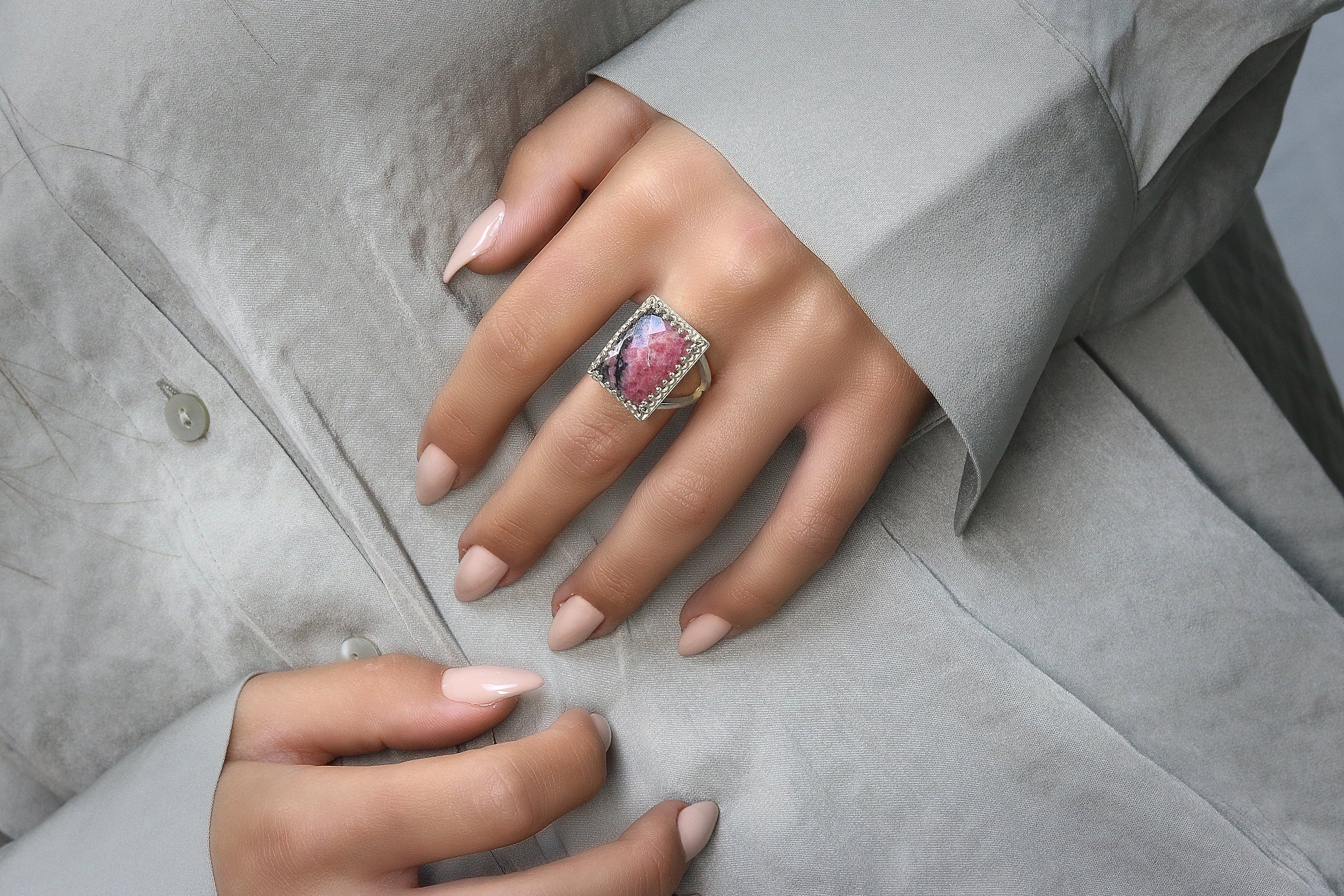 14K Rose Gold-filled Double Band Ring with Rhodonite Stone Rings Anemone Jewelry
