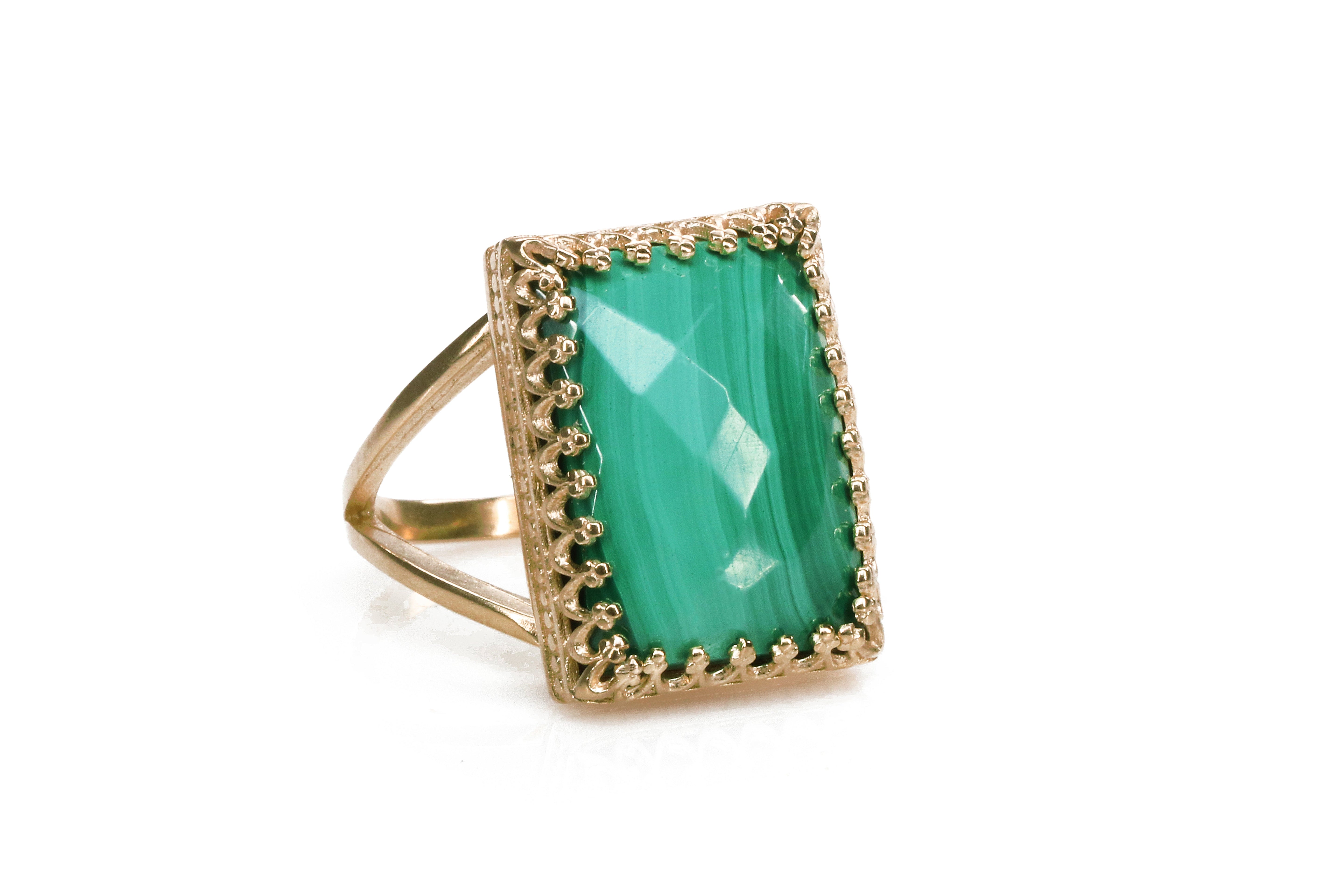 Rectangle Malachite Gemstone Ring in 14k Gold Rings Anemone Jewelry
