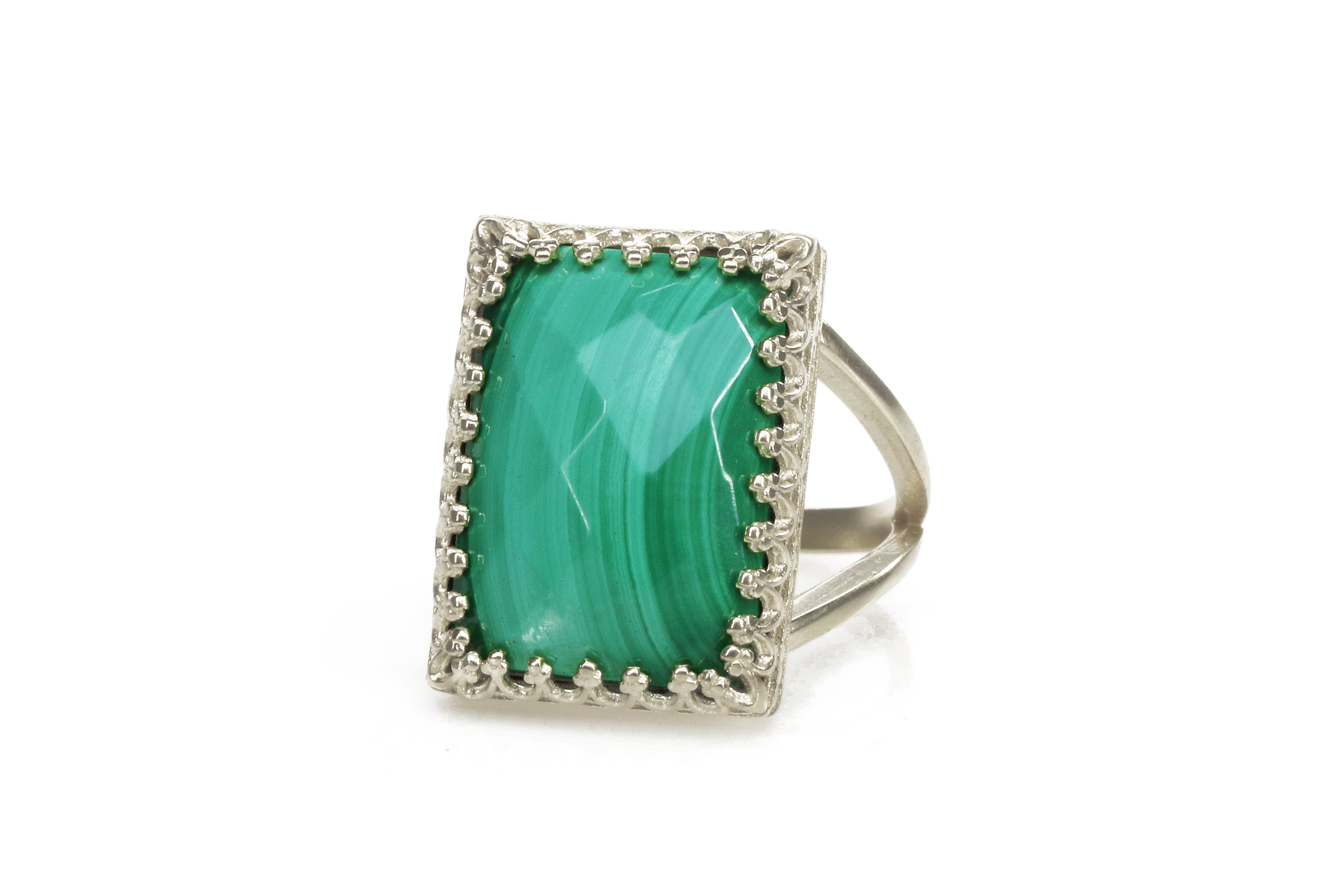 Rectangle Malachite Gemstone Ring in 14k Gold Rings Anemone Jewelry