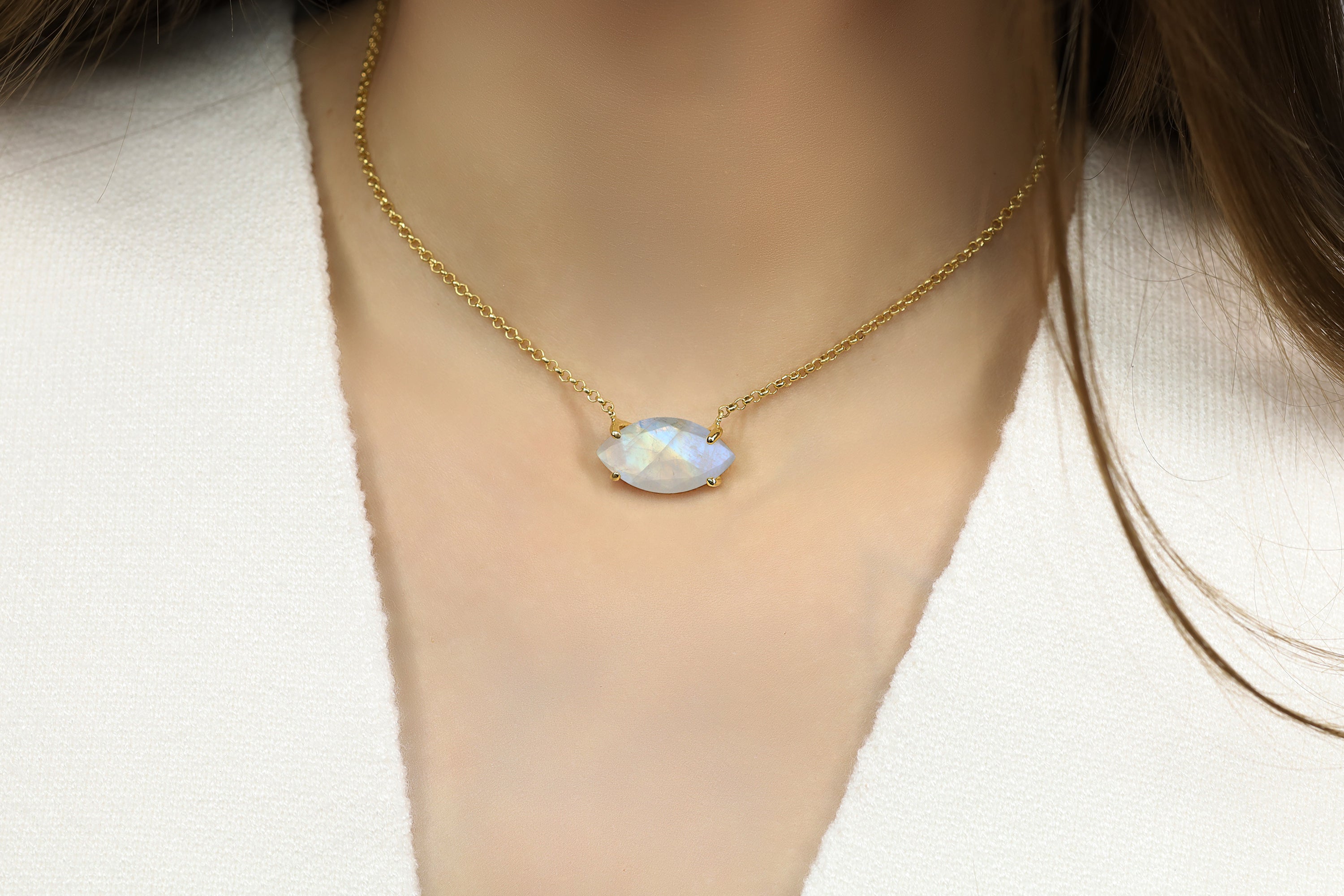Horizontal Setting Marquise Cut Moonstone Gold Necklace necklaces Anemone Jewelry
