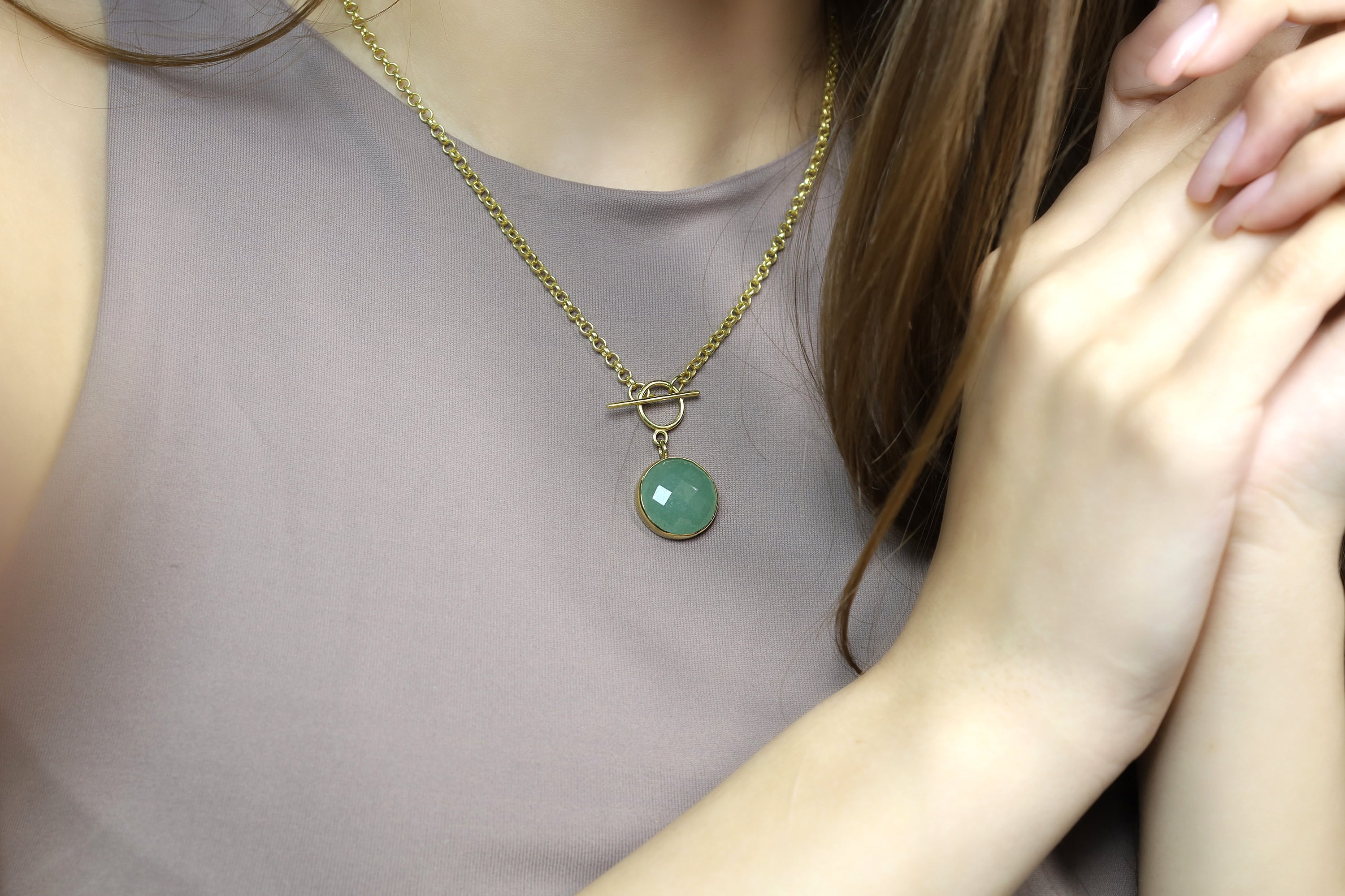 14k Gold Green Aventurine T-Lock Pendant Necklace necklaces Anemone Limited