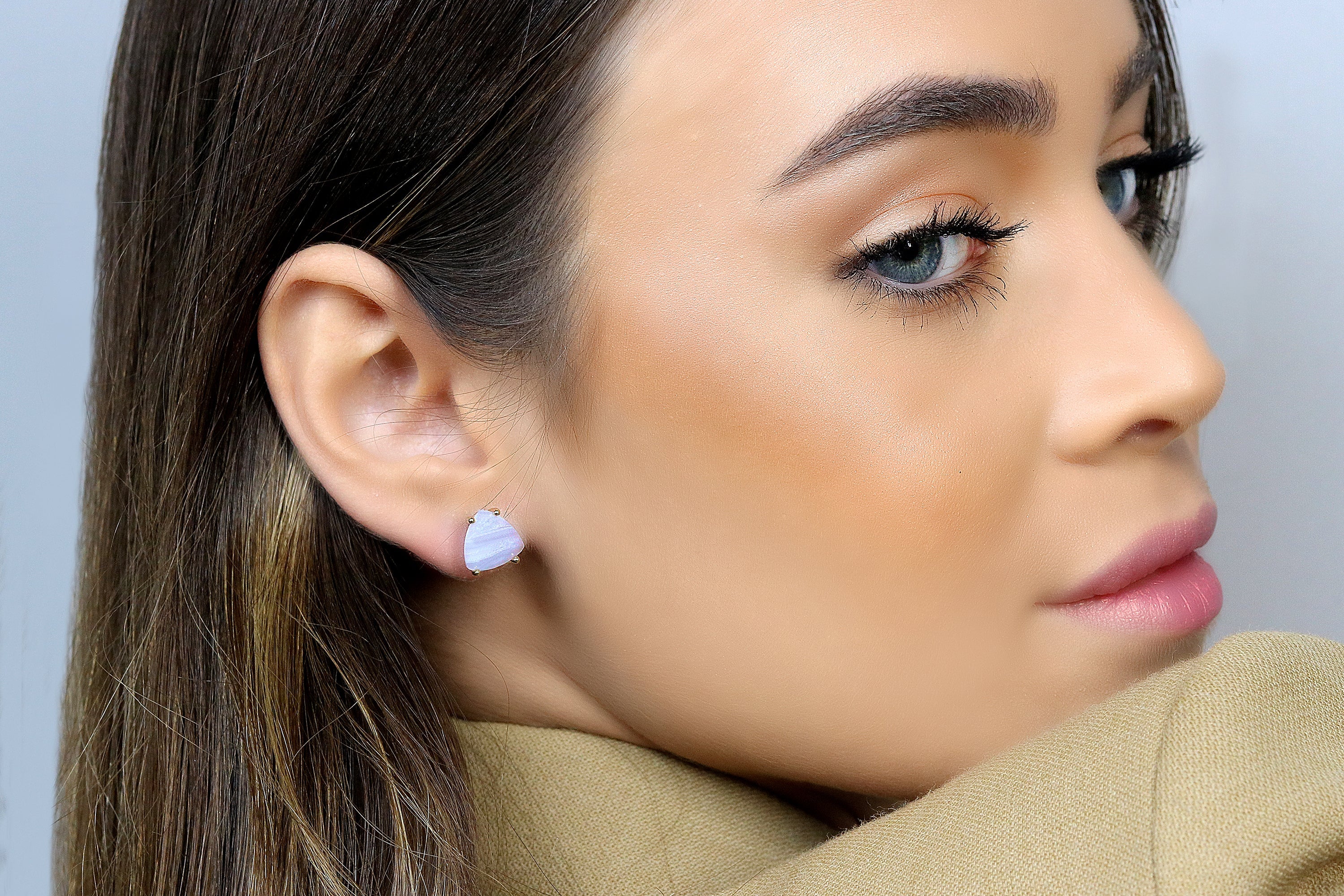 Trillion Stud Lace Agate Earrings in Gold Earrings Anemone Unique