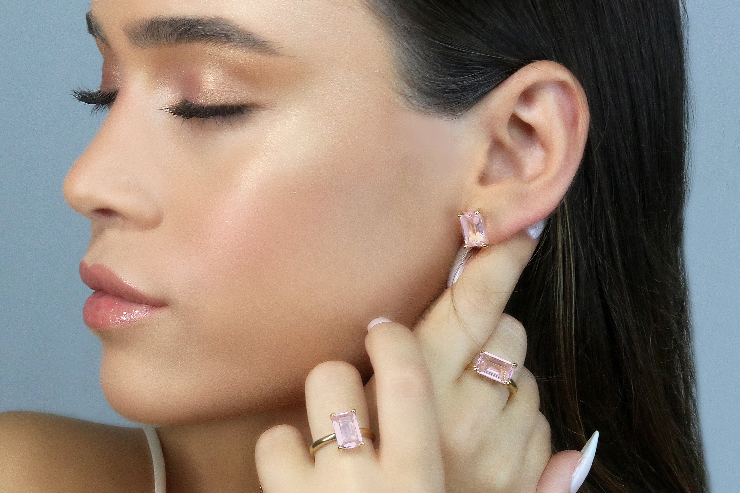 Glam Rectangle Rose Quartz Gold Earrings Earrings Anemone Unique