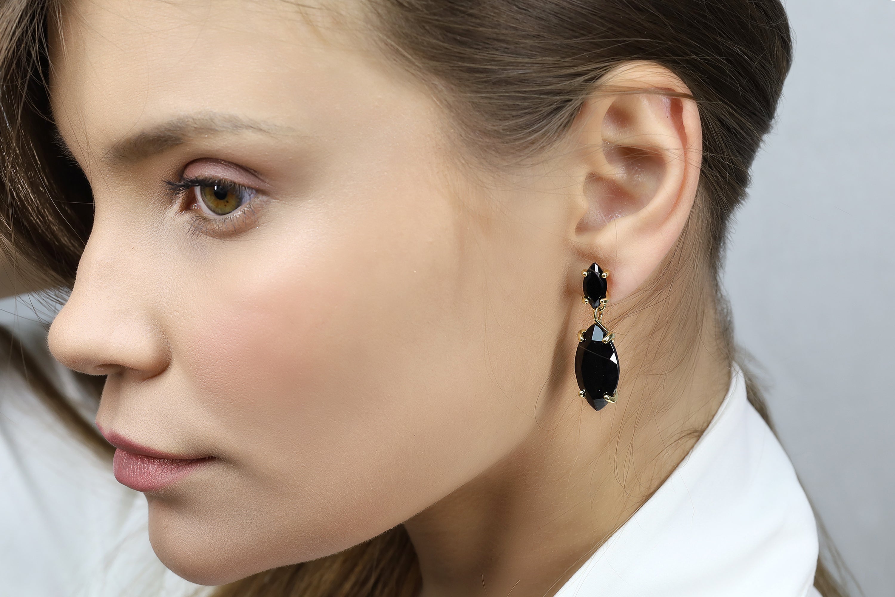 Black Onyx Double Stone Marquise Cut Gold Dangle Earrings Earrings Anemone Jewelry