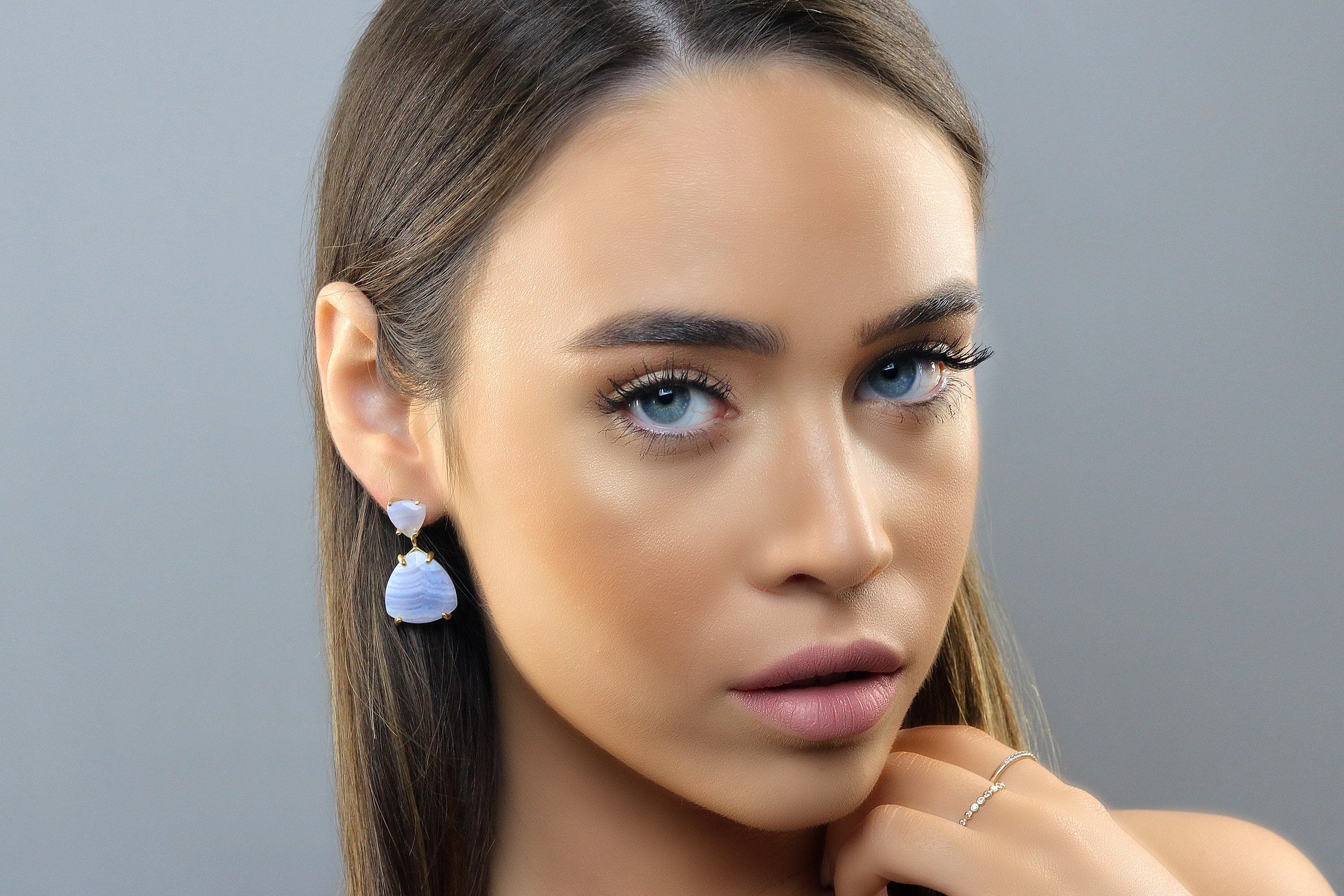 Blue Lace Agate Gemstone Gold Dangle Earrings Earrings Anemone Jewelry