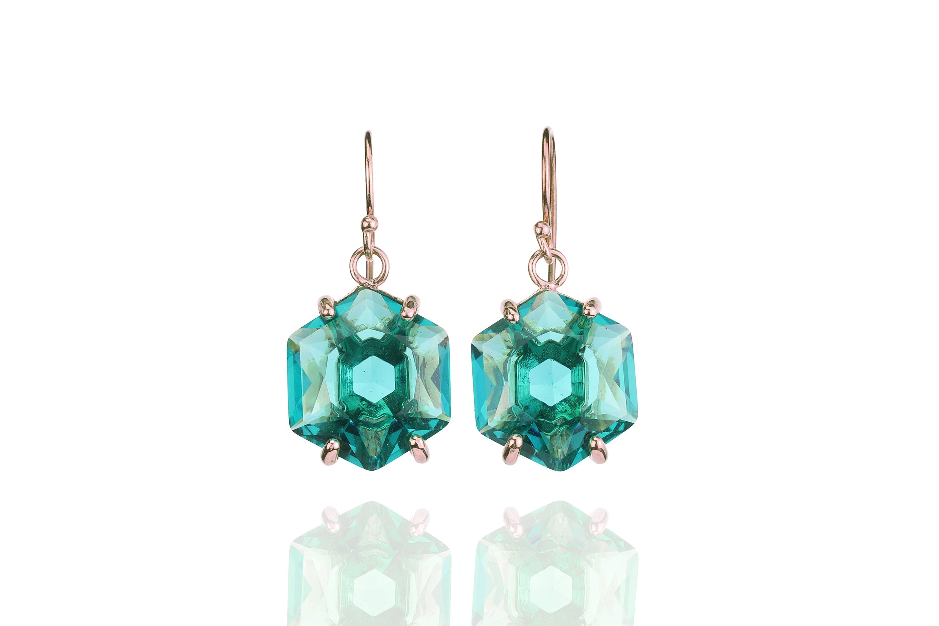 Gold Hexagon Cut Blue Tourmaline Dangle Earrings Earrings Anemone Jewelry