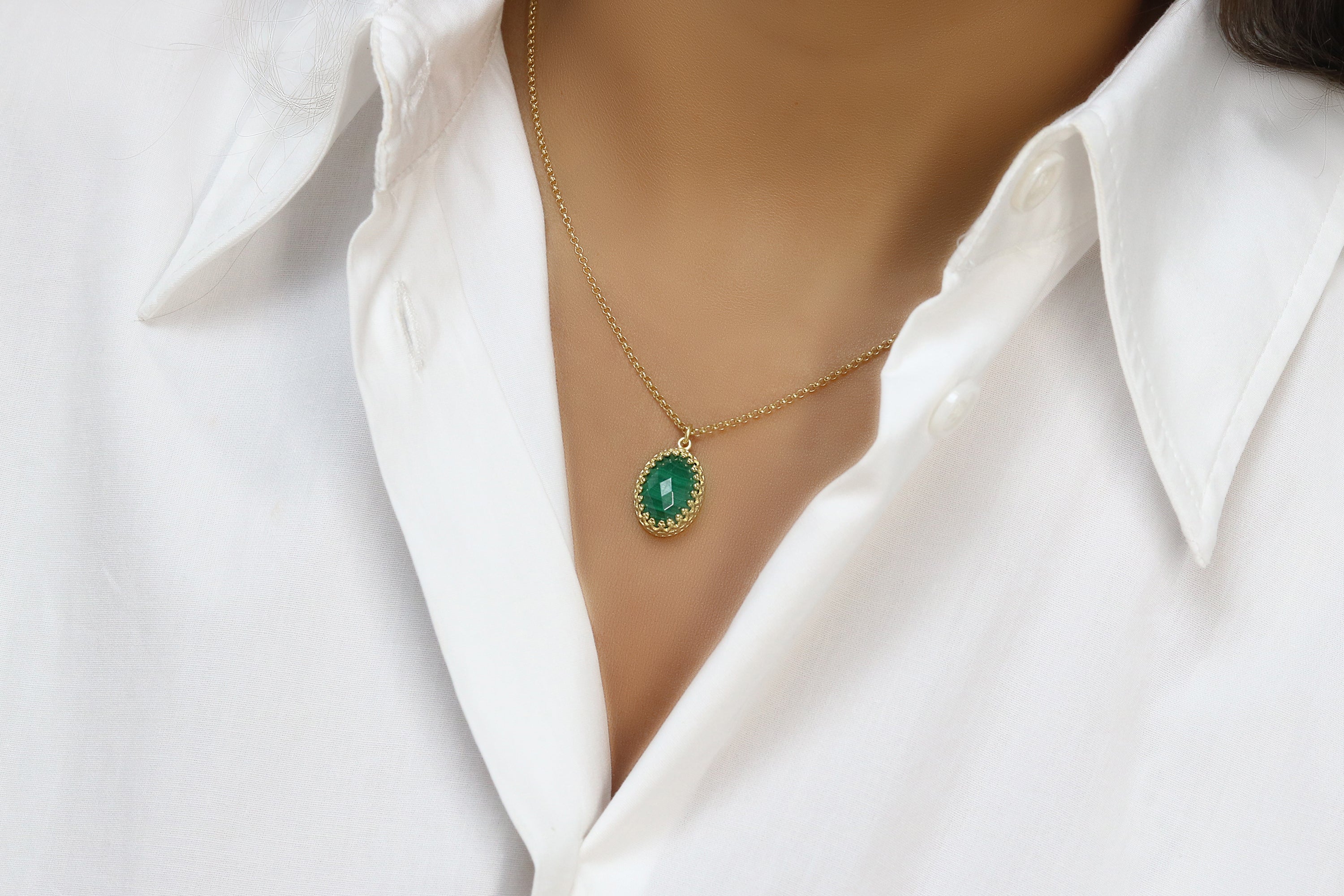 14k Gold Dainty Oval Malachite Pendant Necklace necklaces Anemone Jewelry